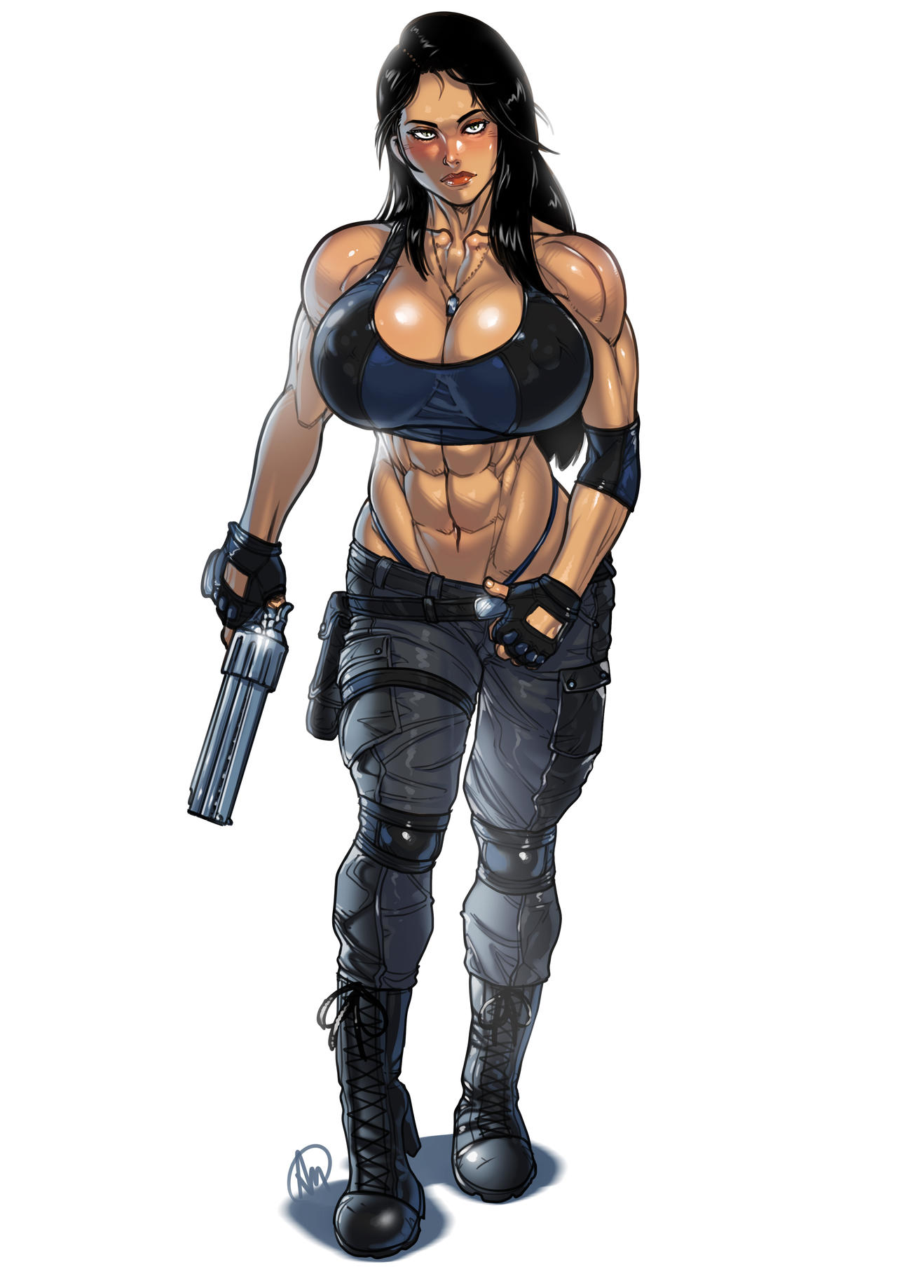 3d_realms abs bare_midriff biceps big_breasts blush bombshell_(series) boots breasts brown_hair busty cleavage crop_top dog_tags female female_focus female_only firearm footwear g-string ganassa gun handgun hourglass_figure human ion_fury large_breasts legwear long_hair navel neckwear pants police police_uniform policewoman revolver shelly_harrison solo tagme toned toned_female weapon wide_hips