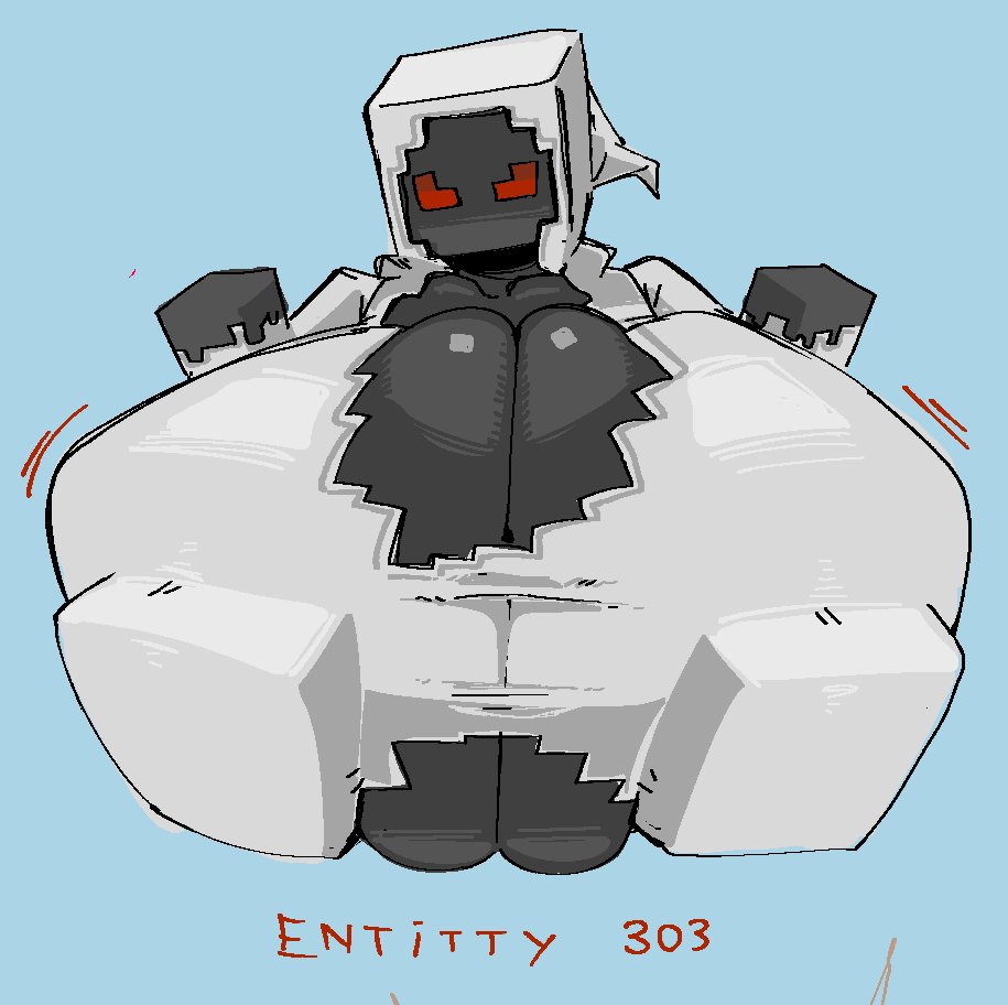 1girl 2026 big_breasts breast_bigger_than_body breasts_bigger_than_head creppypasta entity_303 female grey_body hood huge_breasts joke large_breasts minecraft nipple_bulge nipples nipples_visible_through_clothing red_eyes red_sclera square_breasts submarichamomi2 twitter_link white_hood