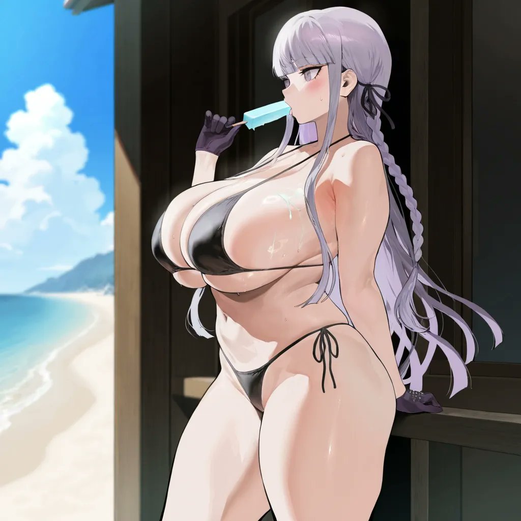 1girls, ai generated, beach, big breasts, bikini, black bikini, breasts, curvy, danganronpa, danganronpa: trigger happy havoc, female, gloves, huge breasts, ice cream, kirigiri kyouko, kyoko chan3, large breasts, licking, light-skinned female, long hair, purple eyes, purple hair, sucking, thick, thick thighs, wide hips