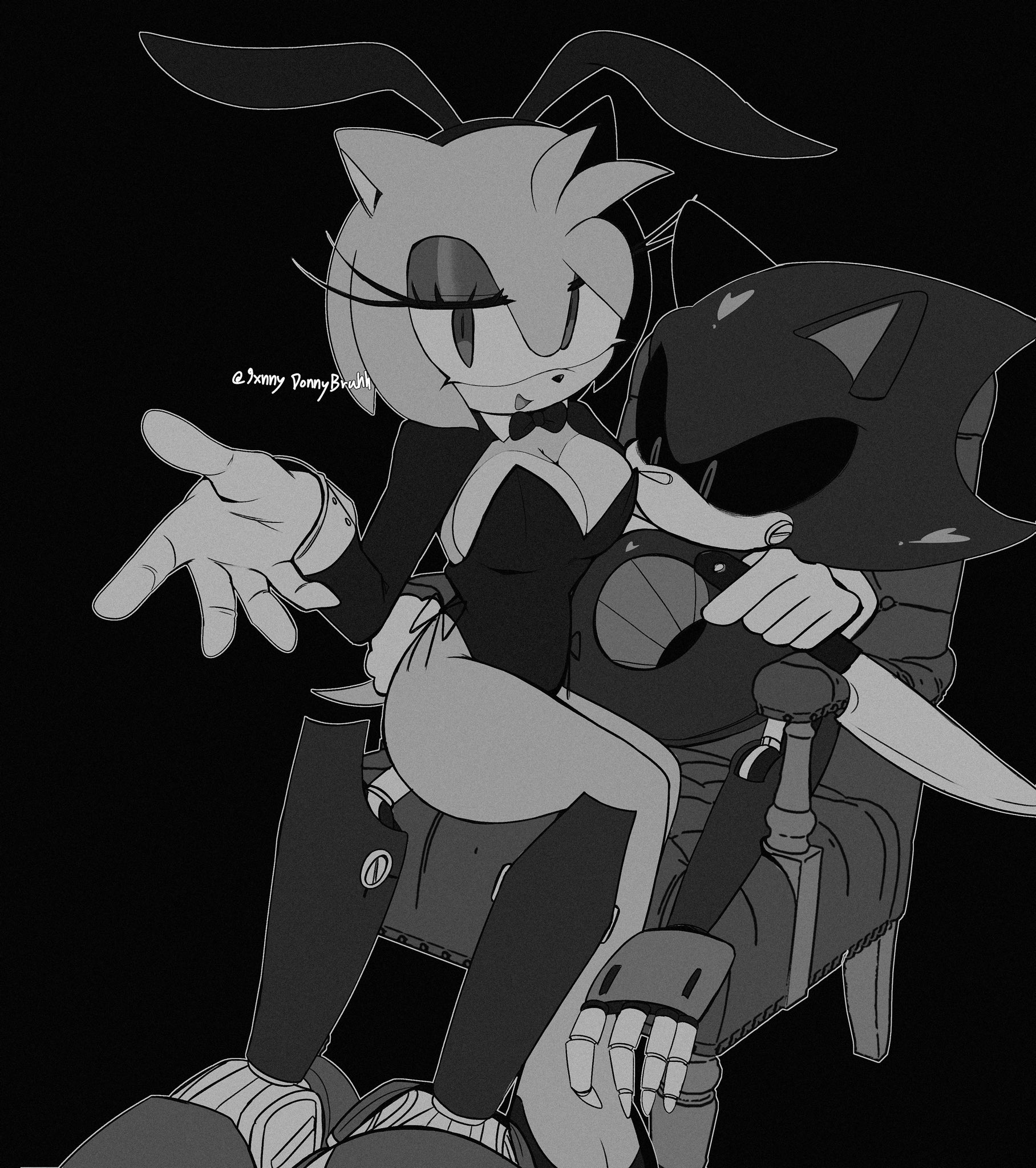 2d artwork, 9xnny, amy rose, ass, big boobies, big booty, big breasts, bowtie, bubble ass, bubble butt, bunny ears, bunny girl, bunnysuit, busty, busty female, busty girl, donny, eyelashes, eyeshadow, gloves, half-closed eyes, hedgehog, hedgehog girl, hedgehog humanoid, hourglass figure, hourglass figured female, looking at breasts, metal sonic, open mouth, open smile, sega, sonic (series), sonic the hedgehog (series)
