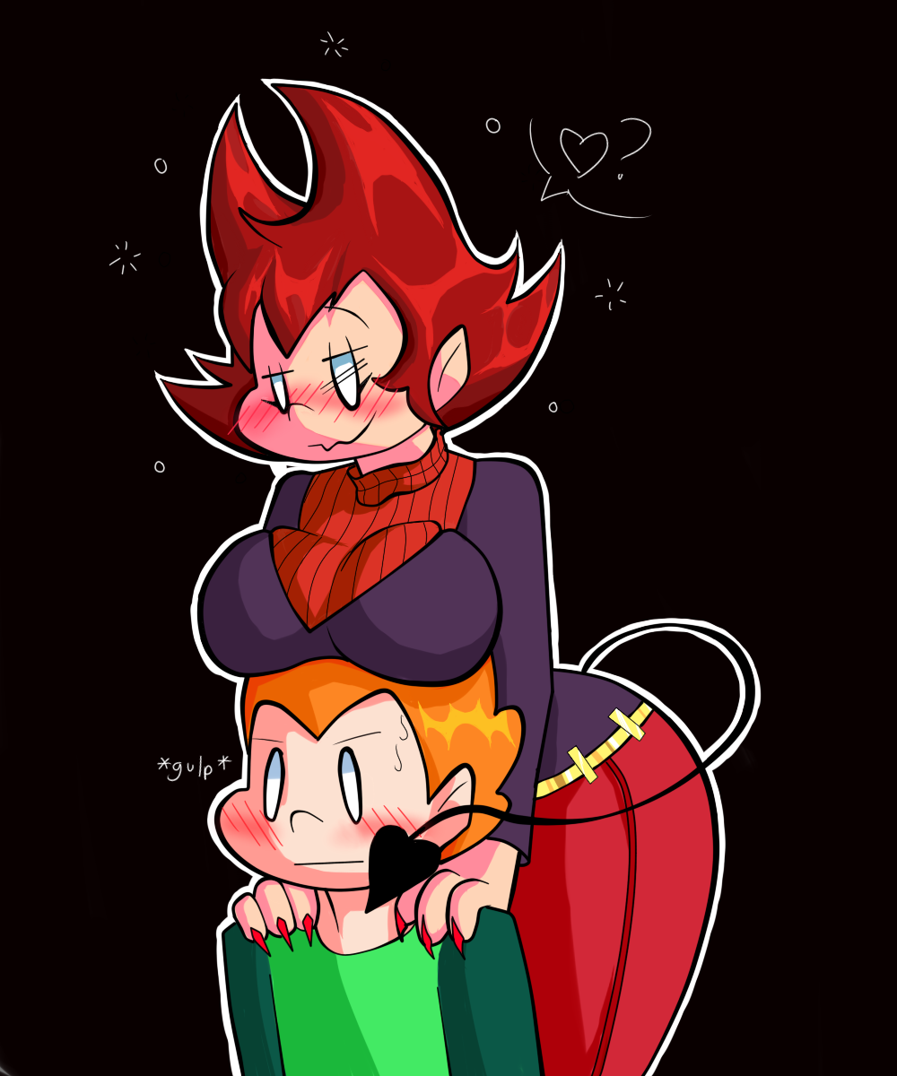 1boy 1girls ? big_breasts blush blushing boob_hat breasts cassandra_(newgrounds) devil_tail drunk drunk_bubbles duo female fully_clothed gulp heart lidded_eyes m1nty male newgrounds orange_hair pairing pico's_school pico_(newgrounds) red_hair red_nails tail