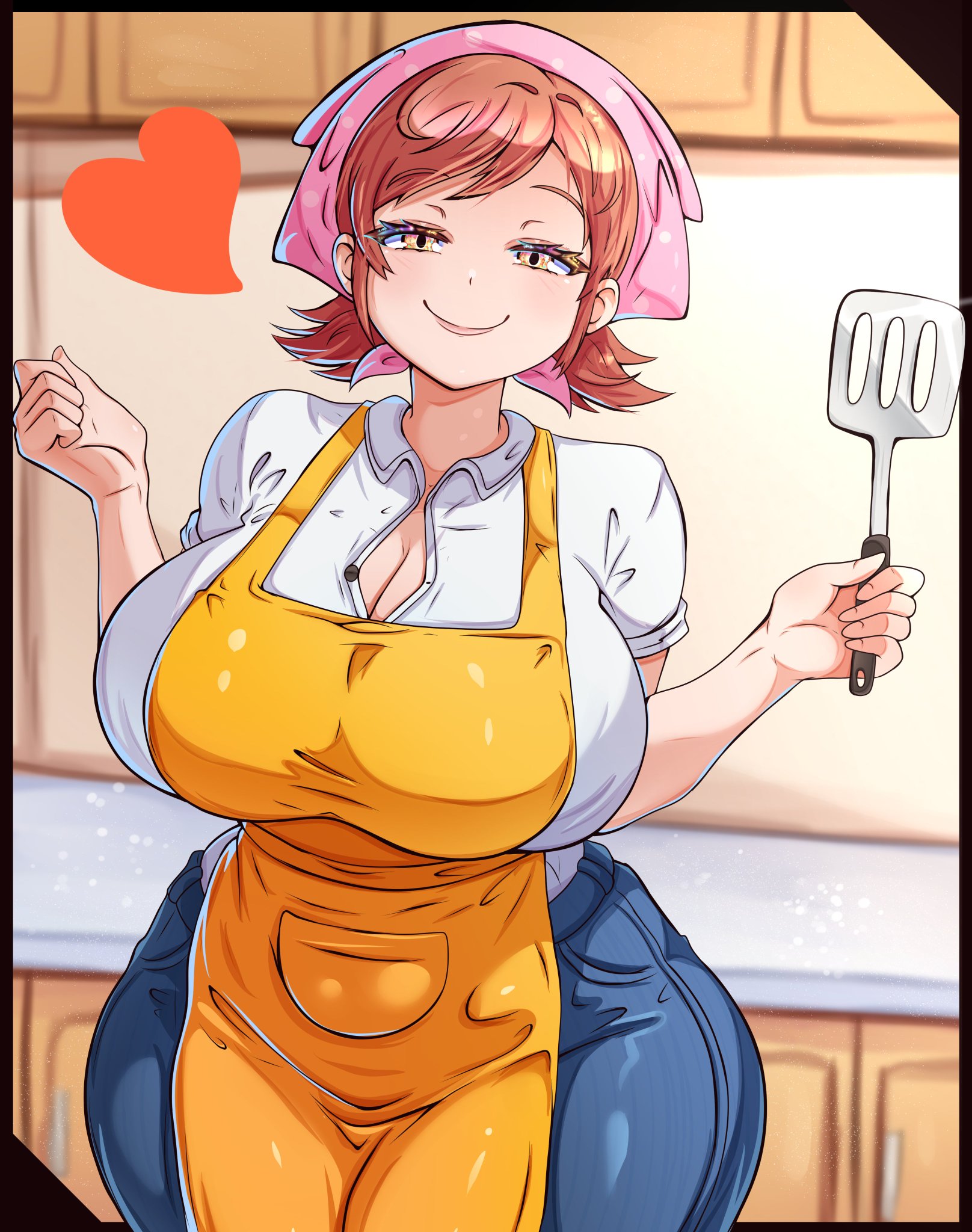 1girls, 2026, 2d, 5 fingers, amber eyes, apron, ass, background, bandana, big breasts, breasts, bright pupils, cleavage, clothed, color, cooking mama, countertop, day, daytime, digital media (artwork), ears, eyebrows, eyebrows visible through hair, eyes half open, female, female focus, female only, fully clothed, headgear, headwear, heart, heart symbol, hi res, hourglass figure, huge breasts, human, human only, jeans, kitchen, kitchen utensils, large ass, large breasts, large hips, long eyelashes, looking at viewer, love handles, mama (cooking mama), milf, mrrollingcircle, red hair, shaded, short hair, short sleeves, slight blush, small ears, smile, solo, solo female, spatula, thick, thick thighs, thighs, tight clothing, white shirt, wide hips