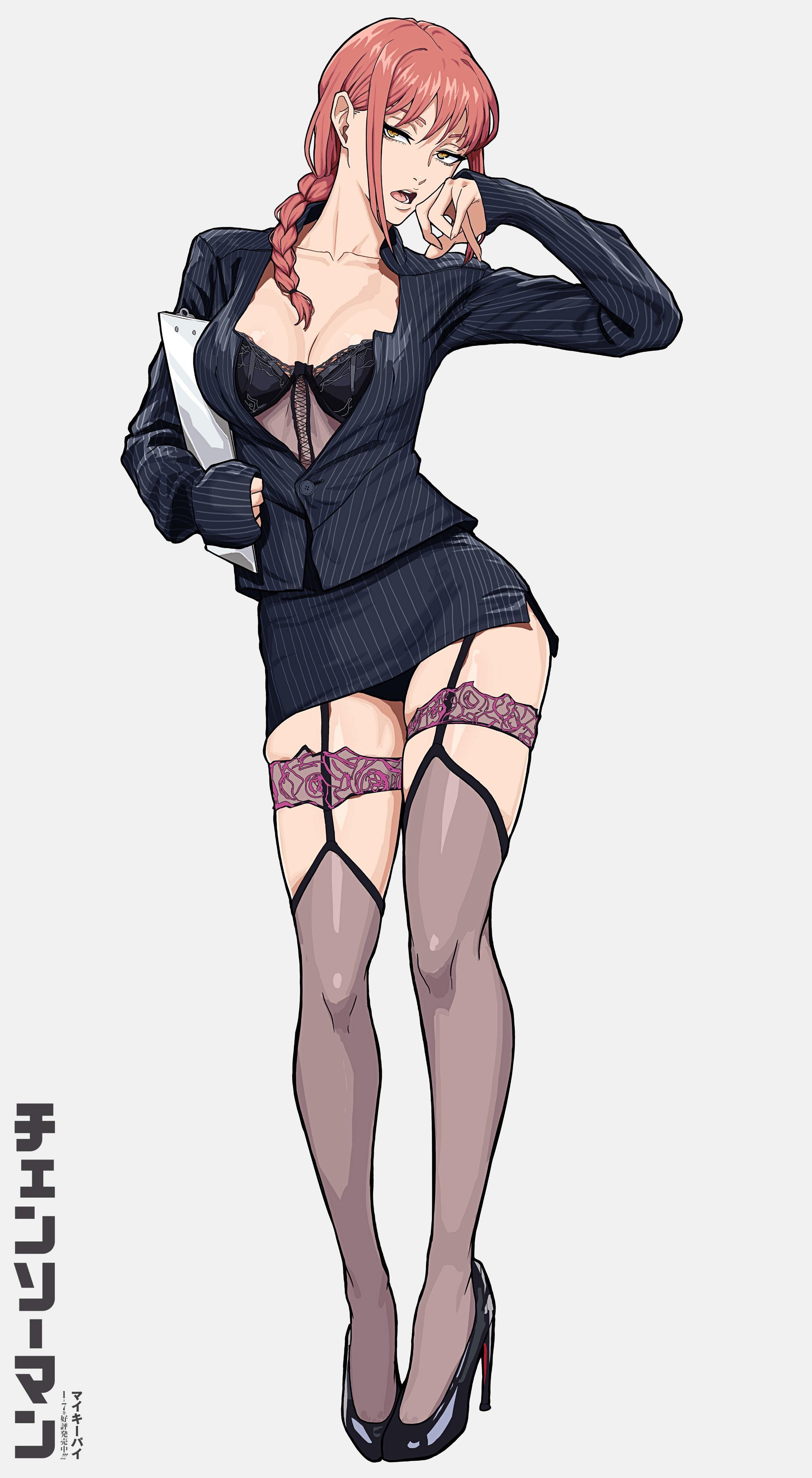 1girls, 2d, 2d (artwork), big breasts, black bra, black lingerie, black panties, bra, braided ponytail, chainsaw man, female, female only, garter straps, heel boots, hi res, high heels, lingerie, lingerie under clothes, long hair, long legs, looking at viewer, makima (chainsaw man), mikeypieart, miniskirt, office clothing, office lady, panties, pinup, pose, posing, red hair, seductive, seductive look, shoes, short skirt, skirt, solo, stockings, teasing, thighhighs, thighs, yellow eyes