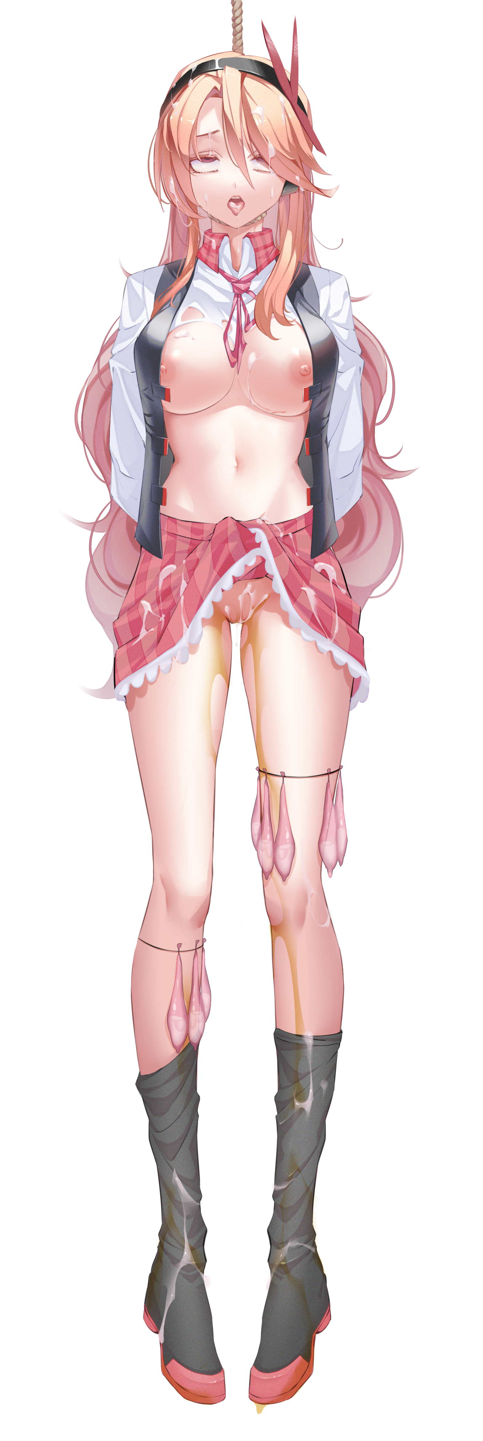1girls, aerolae, after rape, after sex, ahe gao, ahegao face, akame ga kill!, arms behind back, asphyxiation, black boots, blonde female, blonde hair, blonde hair female, bondage, boots, breasts, chelsea (akame ga kill!), choking, comdom, condom, cum, cum drip, cum in ass, cum in mouth, cum in pussy, cum inside, cum on body, cum on breasts, cum on clothes, cum on face, cum on upper body, dead, death, death piss, deserved, dying, erotic asphyxiation, eyes rolling back, facing viewer, female, female death, female focus, female only, guro, hanged, karma, large breasts, lips, long hair, medium breasts, nipples, no bra, no panties, noose, open mouth, peeing, peeing self, pissing, pussy, pussy juice, rope, saliva, saliva on tongue, skirt, skirt lift, skirt up, solo, strangling, tongue, tongue out, torn clothes, upper teeth only, used, used condom, used condoms
