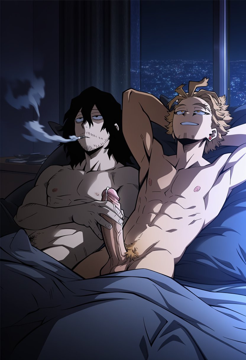 2boys, ai generated, aizawa shouta, boku no hero academia, gay, handjob, hawkchan99, hawks (boku no hero academia), hawks (my hero academia), keigo takami, male, male only, my hero academia, shouta aizawa, takami keigo
