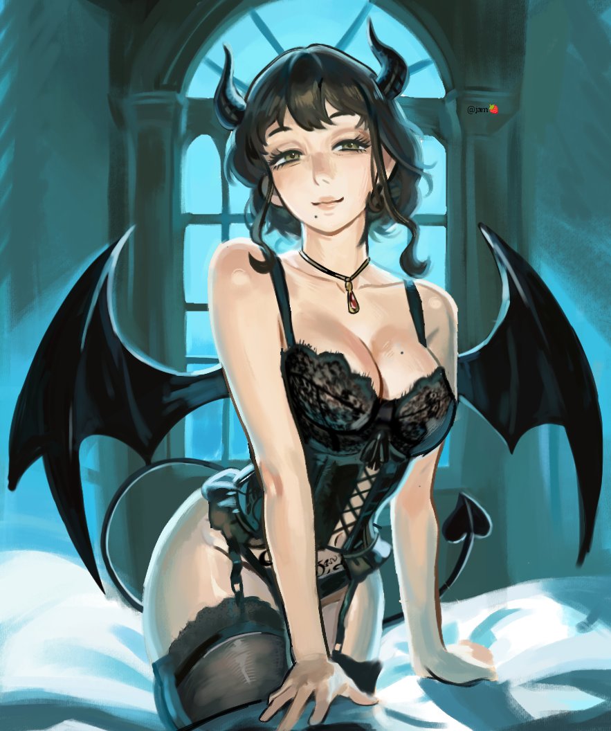 1girls, big breasts, black hair, black thighhighs, breasts, brown eyes, cleavage, corset, devil horns, female, female only, garter straps, hair, horns, justana, lace, lace trim, legwear, lingerie, mature, mature female, mature woman, melinda desmond, milf, mole, mole under mouth, mother, necklace, neckwear, solo, solo female, spy x family, succubus, succubus costume, succubus horns, succubus tail, succubus tattoo, succubus wings, tail