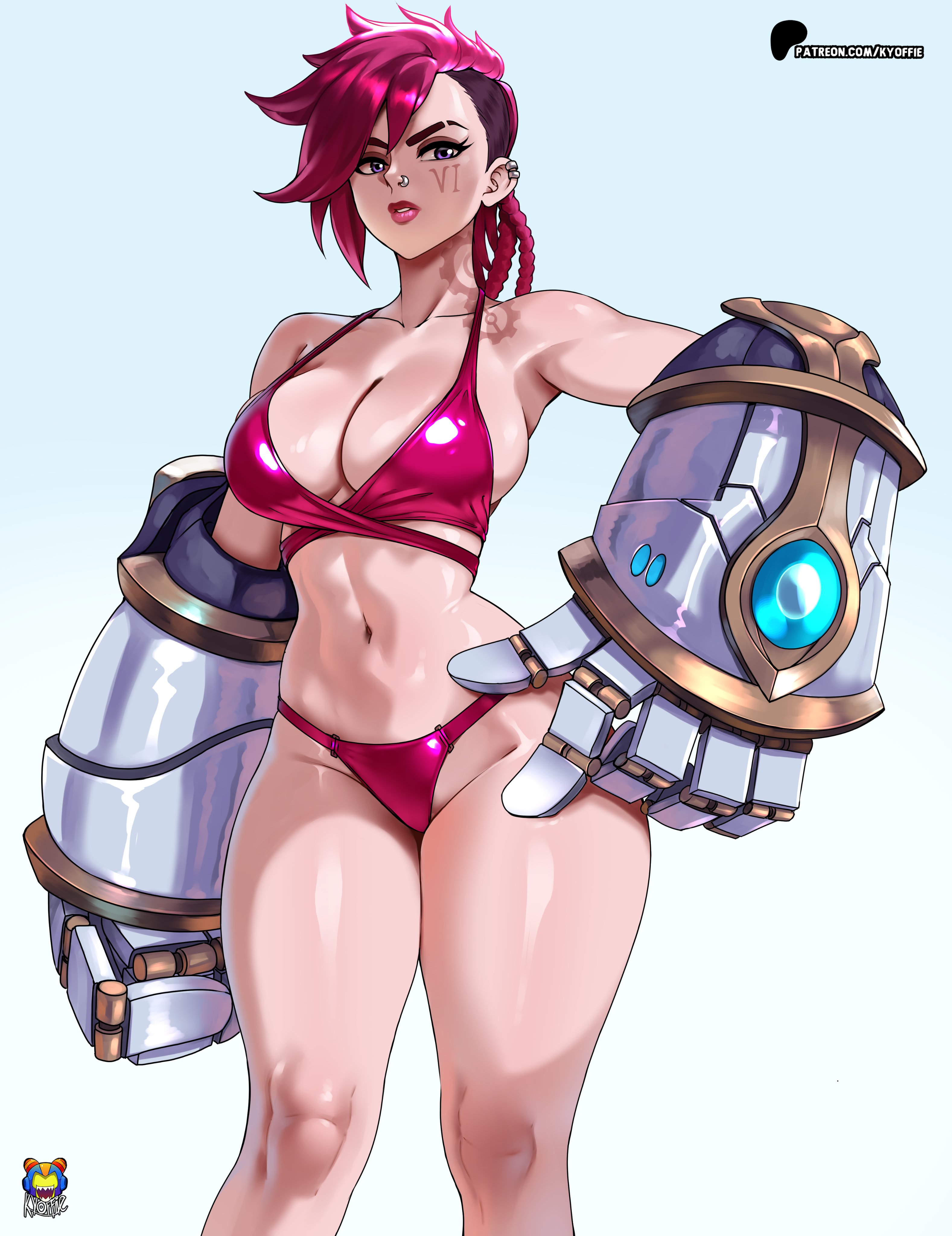 2026, arcane, big breasts, bikini, female, kyoffie, league of legends, league of legends: wild rift, lipstick, looking at viewer, nose piercing, pale skin, pale-skinned female, pink hair, pink lipstick, purple eyes, riot games, tagme, thick thighs, vi, watermark
