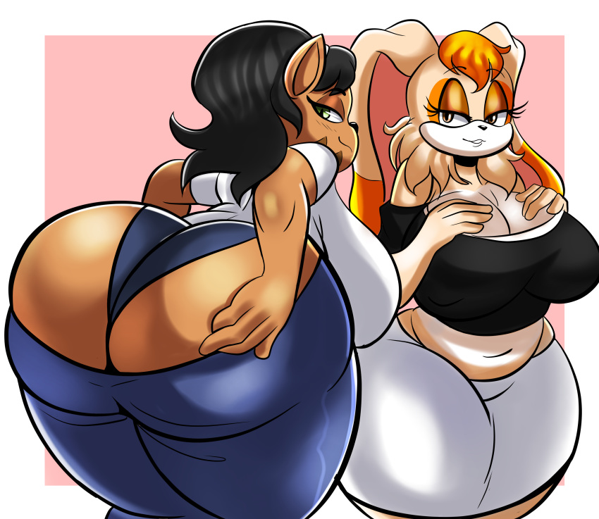 2021, absurd res, anthro, ass, ass cleavage, ass crack, big ass, big breasts, big butt, black hair, bottom heavy, breasts, bubble ass, bubble butt, butt crack, cleavage, clothed, clothing, crossover, domestic cat, duo, eyelashes, fat ass, fat butt, felid, feline, felis, female, female only, green eyes, hair, hand on ass, hand on breast, hand on butt, hi res, huge ass, huge breasts, huge butt, lagomorph, large ass, large breasts, large butt, leporid, looking at viewer, looking back, mammal, mature anthro, mature female, milf, mrs. katswell, nathanatwar, nickelodeon, orange hair, rabbit, slightly chubby, smile, sonic (series), sonic the hedgehog (series), t.u.f.f. puppy, thick ass, thick thighs, vanilla the rabbit, venus body, whateverdoes, wide hips