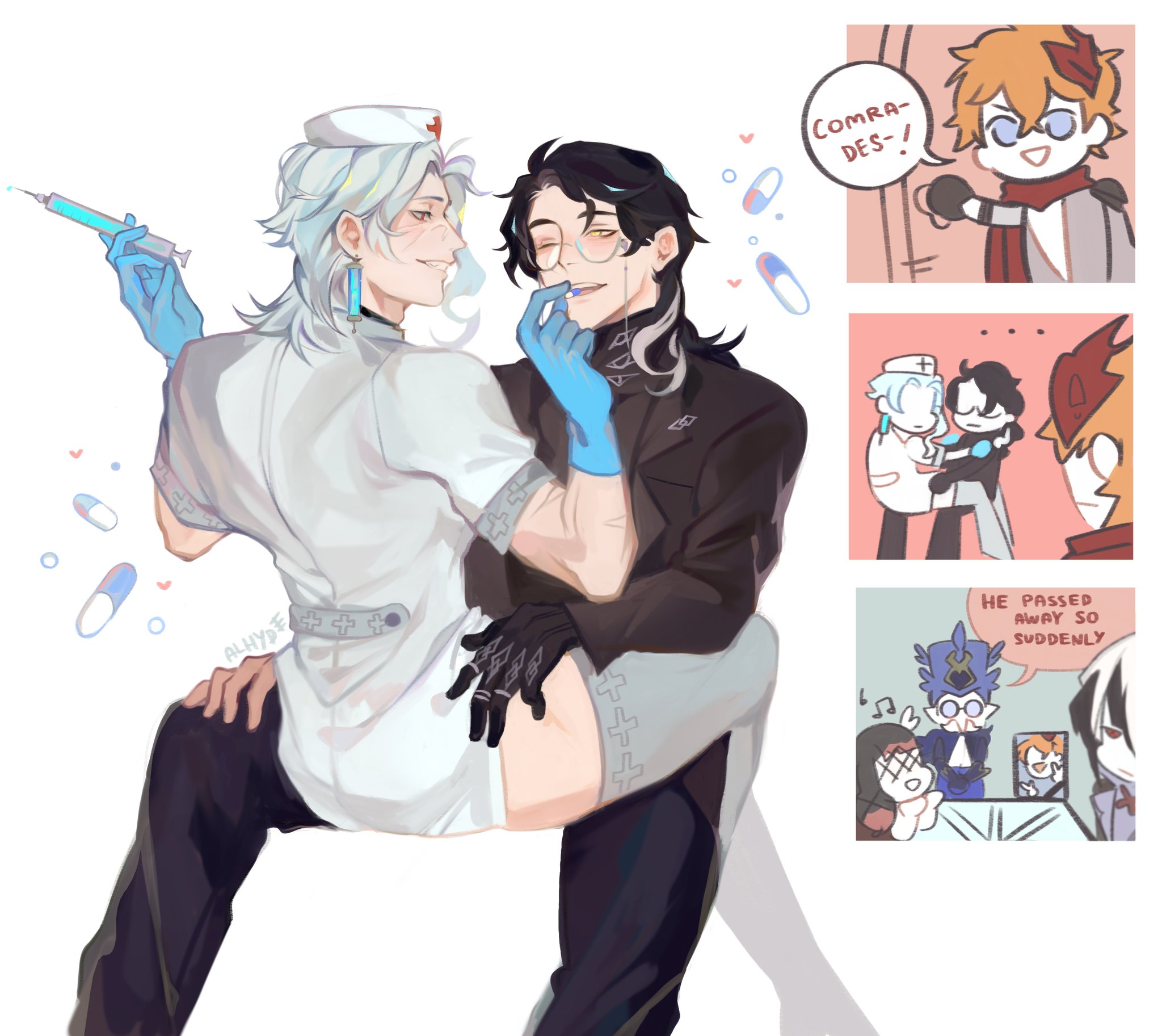 2boys, arlecchino (genshin impact), artist request, black hair, blue hair, childe (genshin impact), columbina (genshin impact), compromising position, dottolone, dottore (genshin impact), earrings, funeral, gay, gay male, genshin impact, glasses, gloves, grabbing ass, male, needle, nurse, nurse outfit, pantalone (genshin impact), pills, pucinella, red eyes, roleplay, singing, sitting on lap, tartaglia (genshin impact), tartaglia fucking dies, yaoi