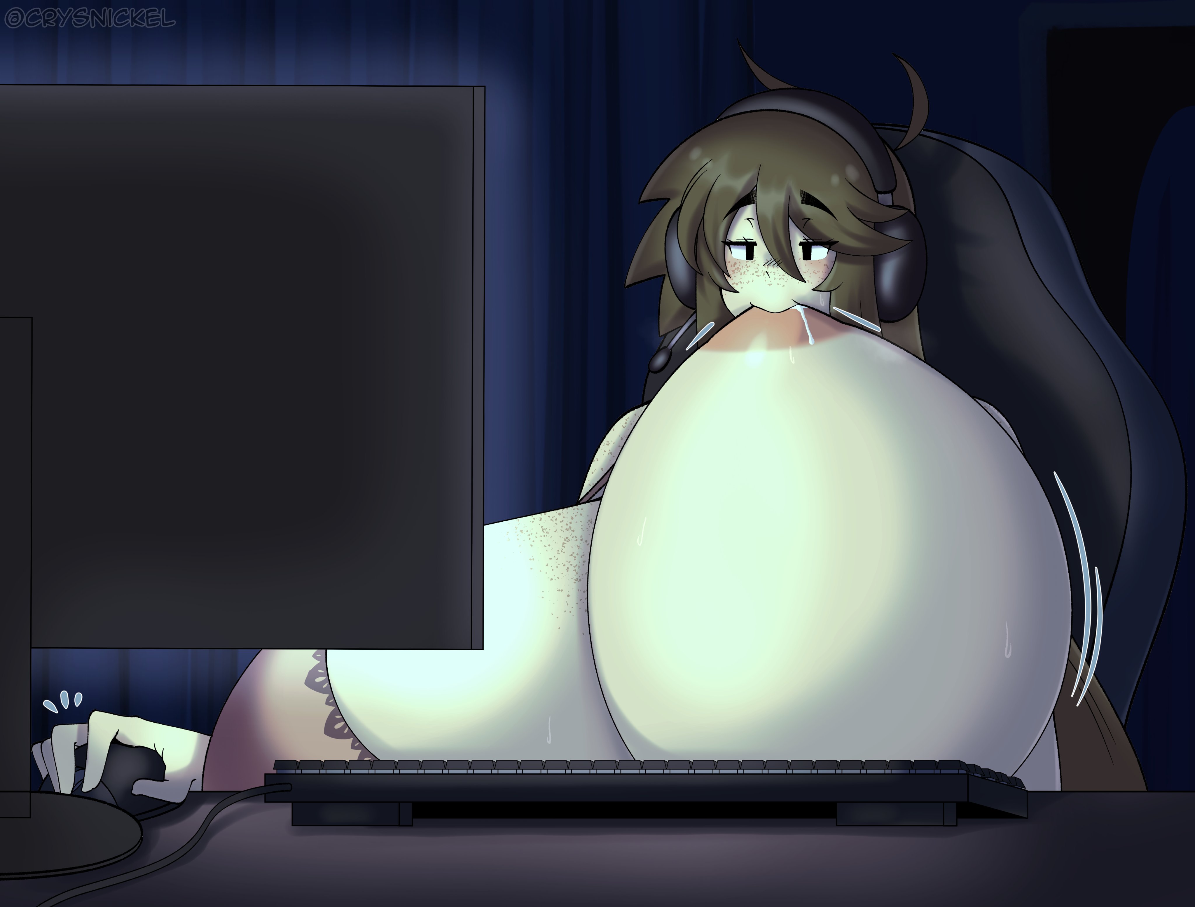 1female, 1girls, big breasts, breast sucking, breastfeeding, breasts, cloe (crysnickel), crysnickel, enormous breasts, female, female only, freckles, freckles on breasts, freckles on face, gigantic breasts, half-closed eyes, headphones, indoors, lactation, meme, original, original character, self breast sucking, sitting, solo, solo female, sucking breasts meme, sucking own breasts