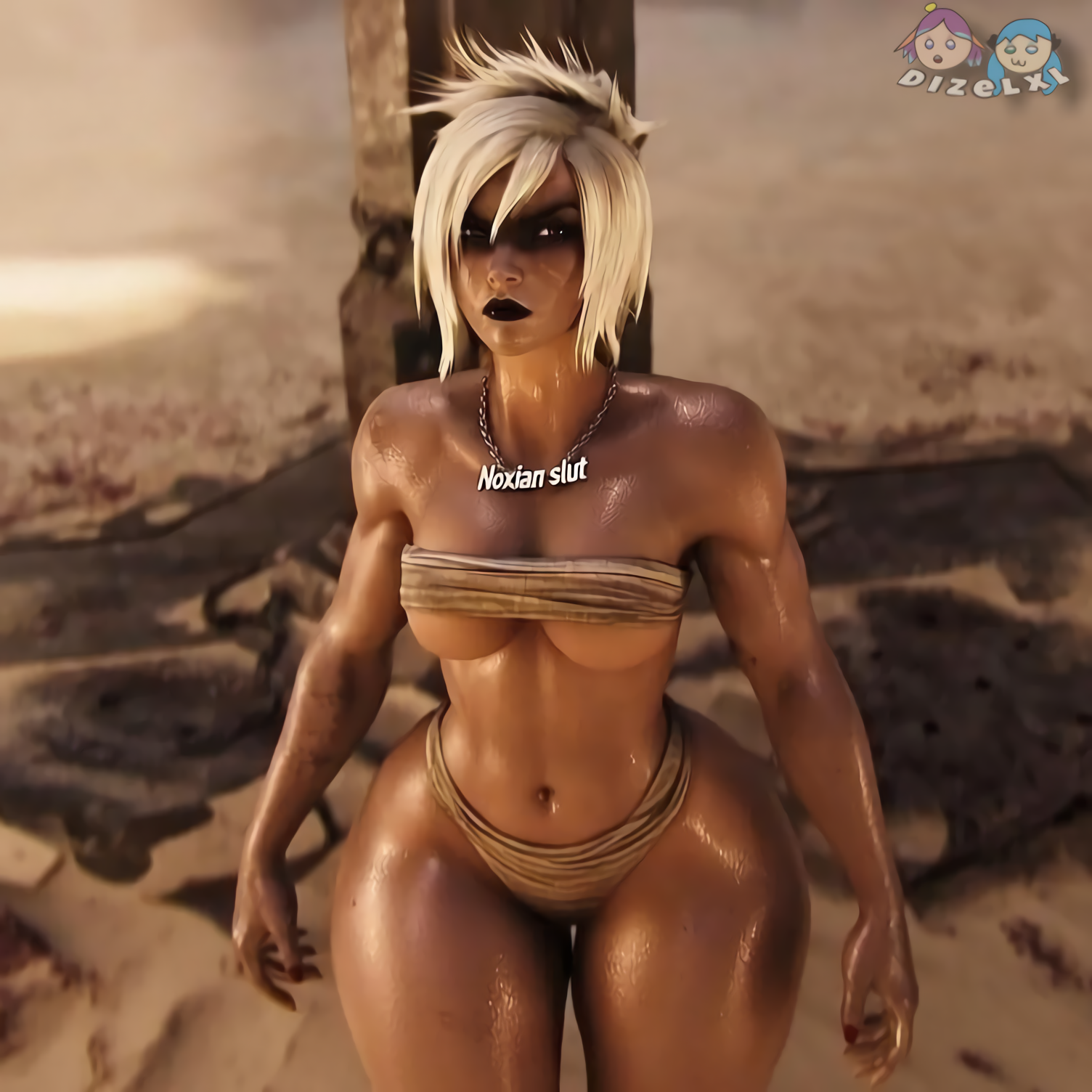 ai, ai assisted, ai generated, black lipstick, breasts, covered nipples, dizelxl, edit, edited, edited screencap, female, female focus, female only, large breasts, league of legends, league of legends: wild rift, lips, lipstick, looking at viewer, oiled, oiled skin, partially clothed, riven, thick, thick legs, thick thighs, thighs, voluptuous, voluptuous female
