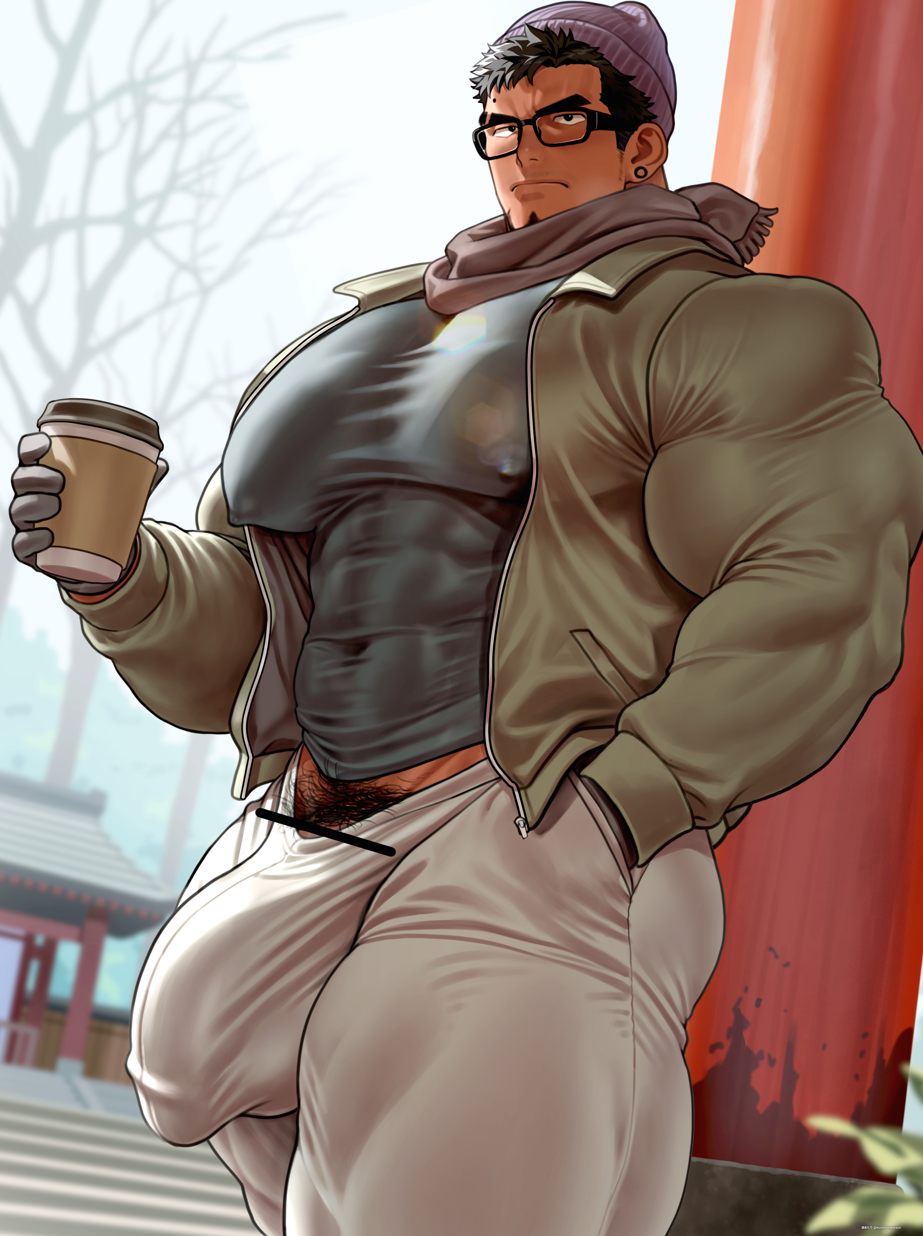 2026, abs, bara, biceps, big muscles, big pecs, big penis, blush, bodybuilder, bulge, censored, flaccid, glasses, highres, huge balls, huge cock, kuromine hiraya, male, male only, muscles, muscular, muscular male, muscular thighs, pecs, penis, pubic hair, solo, solo male, tan skin, thick thighs, veiny muscles, yaoi, yuatari