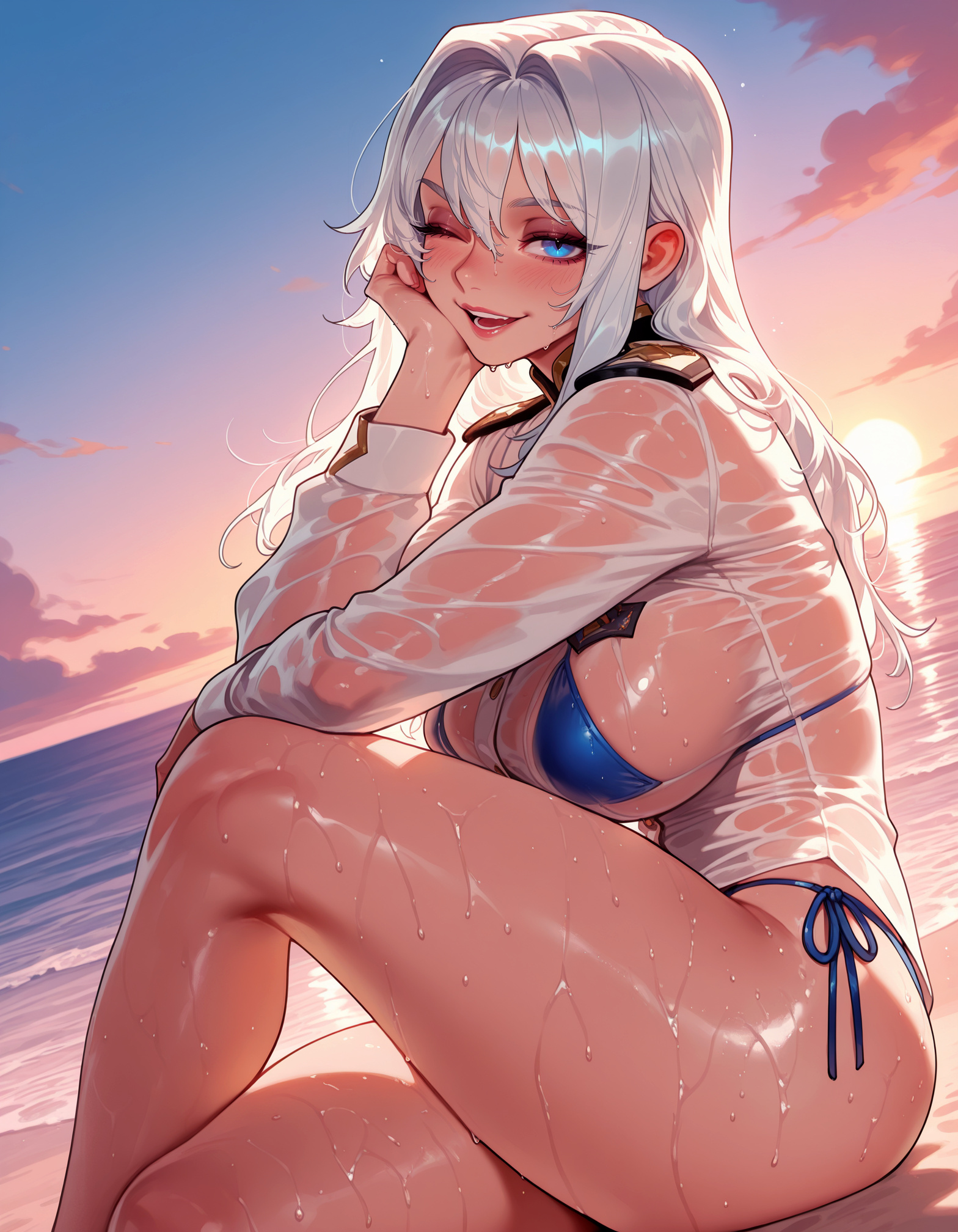 ;d, 1girls, ai generated, ashe (league of legends), balecxi, beach, bikini, bikini under clothes, blue bikini, blue eyes, blush, breasts, clothing, cloud, crossed legs, curvaceous, curvaceous female, curvaceous figure, curvy, curvy figure, dutch angle, female, female focus, female only, hair between eyes, hair intakes, hand on own face, head rest, inviting, large breasts, league of legends, lips, long hair, long sleeves, looking at viewer, military uniform, ocean, one eye closed, open mouth, outdoors, presenting, presenting ass, presenting breasts, presenting hindquarters, presenting self, seductive, seductive look, seductive smile, see-through, see-through shirt, shirt, side-tie bikini bottom, sideboob, sidelocks, sitting, sky, smile, solo, string bikini, sunset, swimsuit, teeth, thighs, uniform, voluptuous, voluptuous female, water, wet, wet clothes, wet shirt, white hair, white shirt