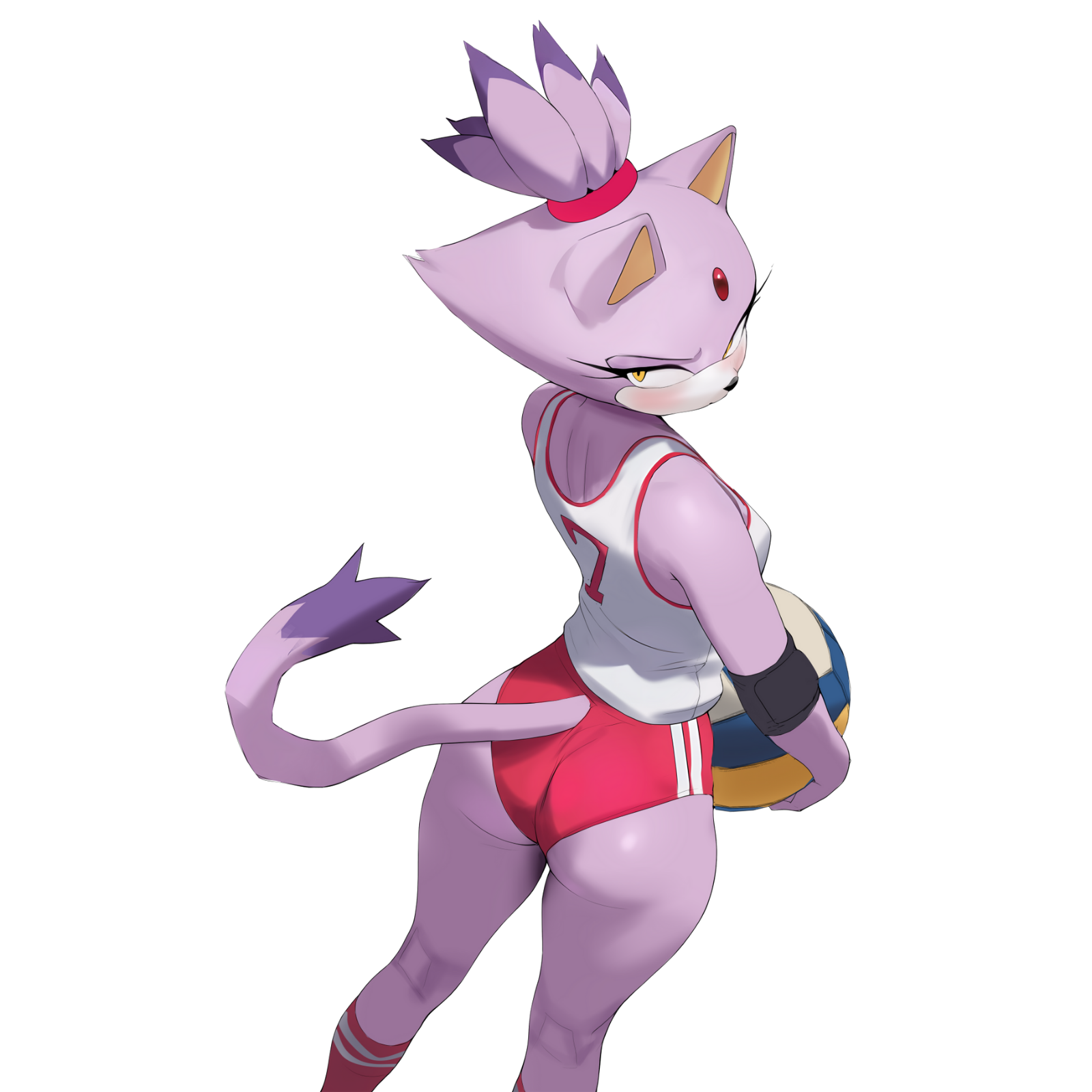 1girls, 2d, 2d (artwork), anthro, ass, ass focus, blaze the cat, blush, cat ears, cat tail, catgirl, feline, female, female focus, female only, looking at another, looking back, purple skin, revealing clothes, revealing outfit, smewed, sonic (series), sonic the hedgehog (series), sport, sportswear, tight clothes, tight clothing, volleyball, volleyball uniform, yellow eyes