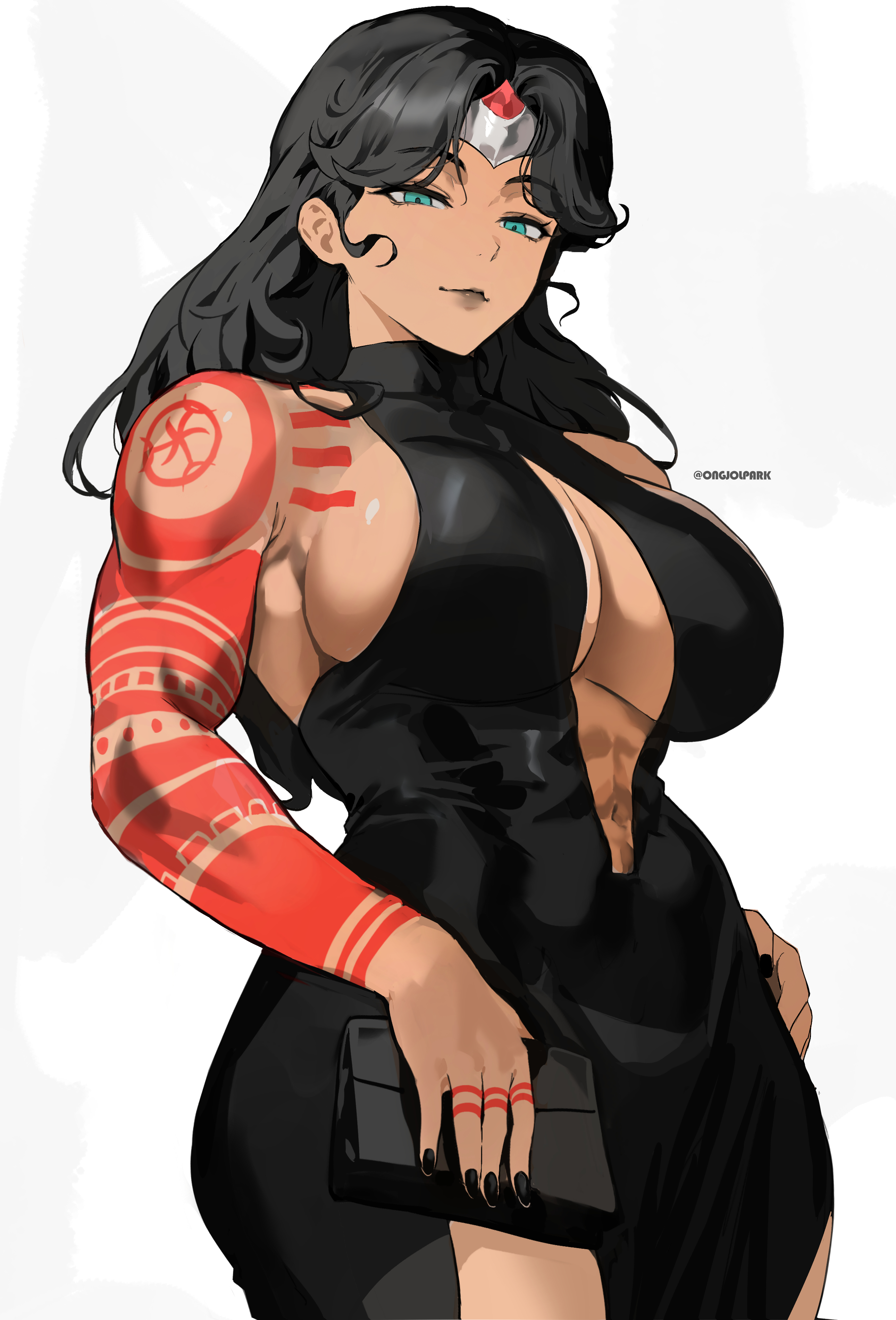 1girls, abs, absolute dc, absolute wonder woman, absurdres, amazon, arm tattoo, artist name, athletic female, bag, bare shoulders, biceps, black dress, black hair, black lips, black nails, blue eyes, breasts, center opening, cleavage, dc, dc comics, dress, female, fit female, full lips, highres, holding, holding bag, hourglass figure, large breasts, light-skinned female, long hair, looking at viewer, mature female, muscular, muscular female, navel, ongjolpark, sideboob, slim waist, solo, superheroine, tattoo, thick thighs, thighs, tiara, tight clothes, tight dress, wide hips, wonder woman, wonder woman (series)