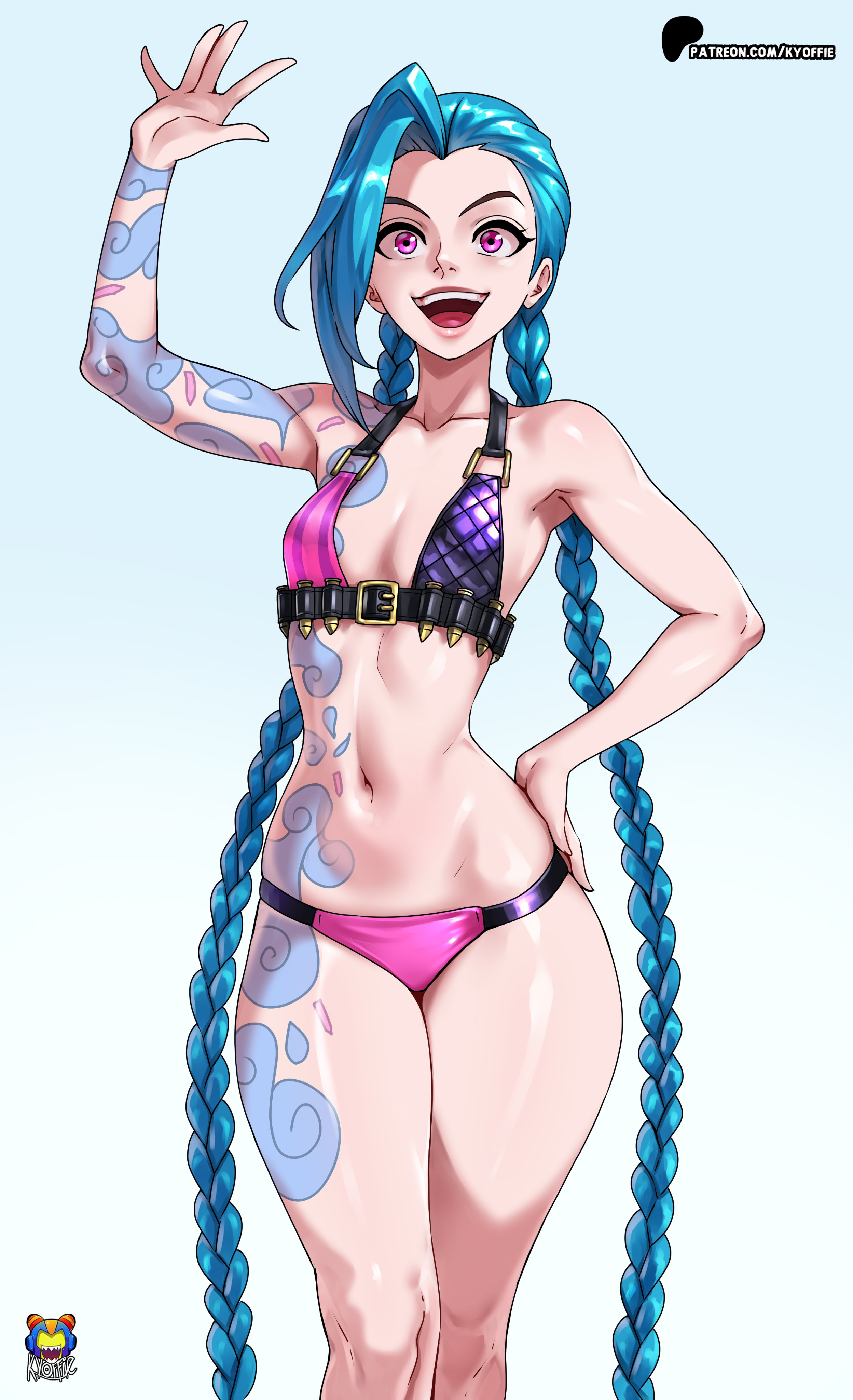 2026, arcane, blue hair, female, female only, flat chest, flat chested, jinx (league of legends), kyoffie, league of legends, league of legends: wild rift, looking at viewer, pale skin, pale-skinned female, pink eyes, riot games, tagme, tattoo, thick thighs, twin braids, twintails, watermark