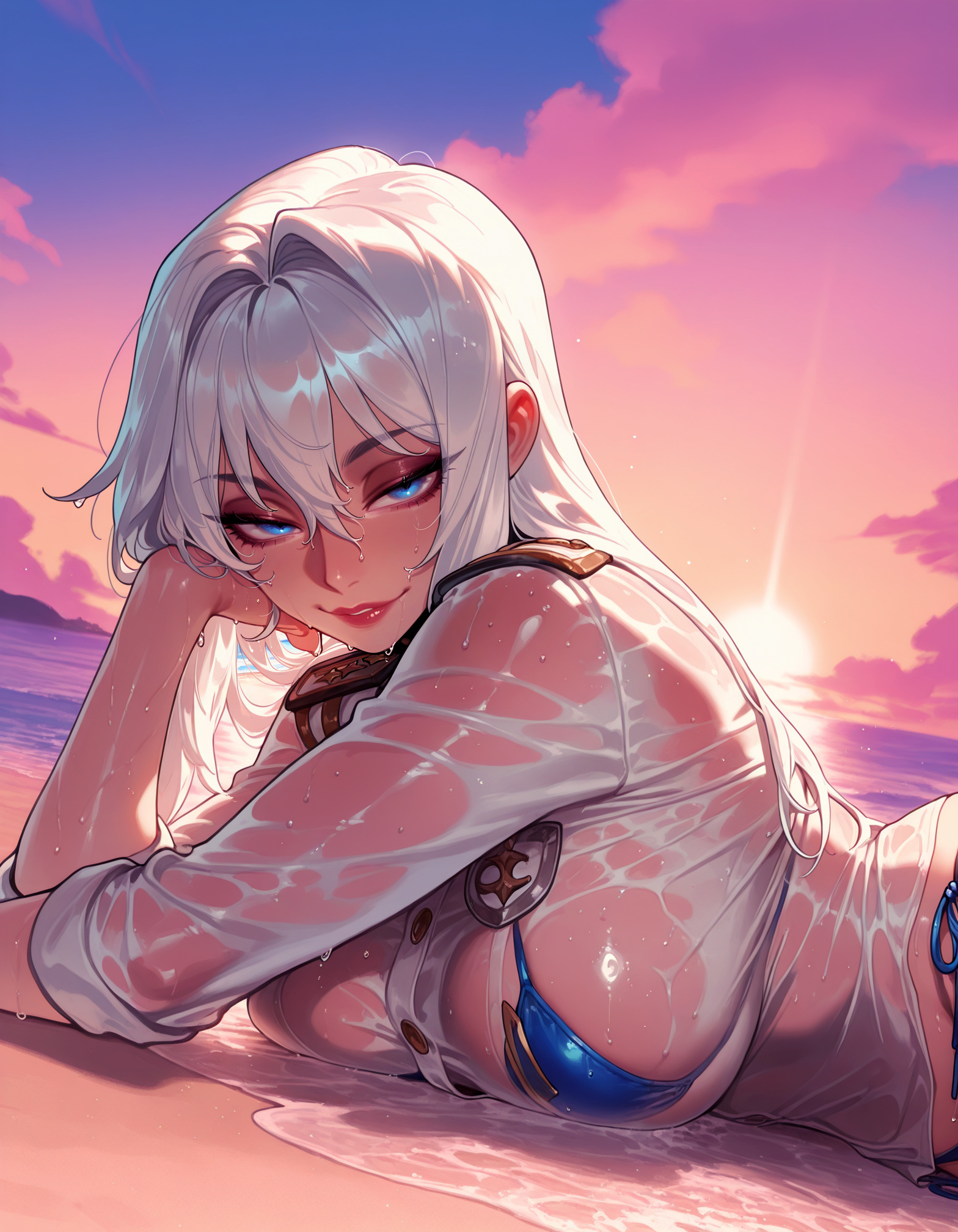 1girls, ai generated, ashe (league of legends), balecxi, beach, bikini, bikini under clothes, blue bikini, blue eyes, breasts, clothing, cloud, curvaceous, curvaceous female, curvaceous figure, curvy, curvy figure, dutch angle, epaulettes, evening, female, female focus, female only, hair between eyes, hair intakes, head rest, inviting, large breasts, league of legends, lips, long hair, looking at viewer, lying, military, military uniform, ocean, on stomach, outdoors, parted lips, presenting, presenting breasts, presenting self, seductive, seductive look, seductive smile, see-through, see-through shirt, shirt, side-tie bikini bottom, sideboob, sky, smile, solo, string bikini, sun, sunset, swimsuit, uniform, voluptuous, voluptuous female, water, wet, wet clothes, wet hair, wet shirt, white hair, white shirt