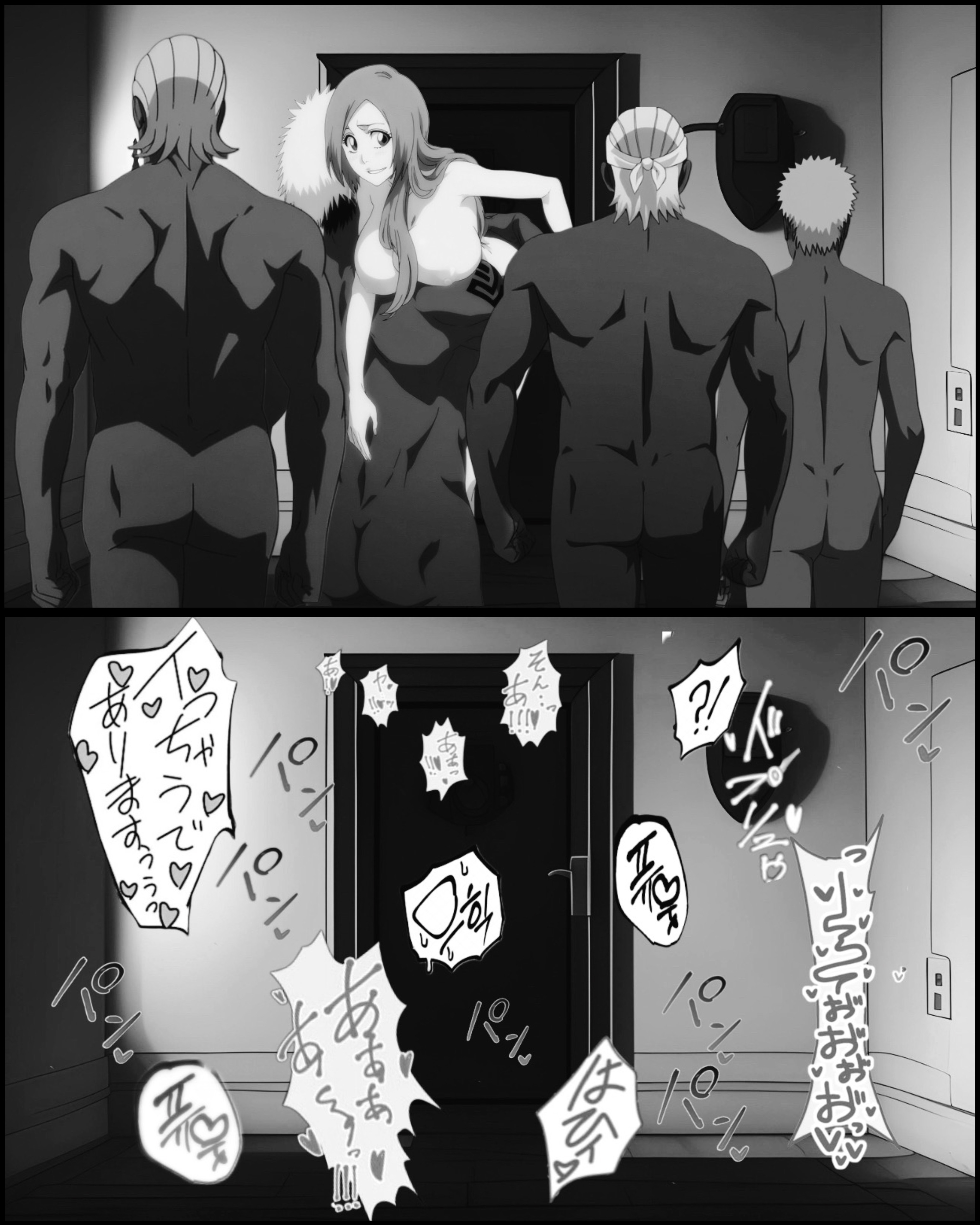 1girls, 2d, 2d (artwork), 4boys, ai generated, behind door, bleach, cheating, cheating wife, color, crossover, dark-skinned male, darui, female, gangbang, group sex, illustration, implied sex, inoue orihime, interracial, killer bee, male, male/female, moaning, naruto (series), naruto shippuden, omoi, raikage, rough sex, screaming, sex toy, text