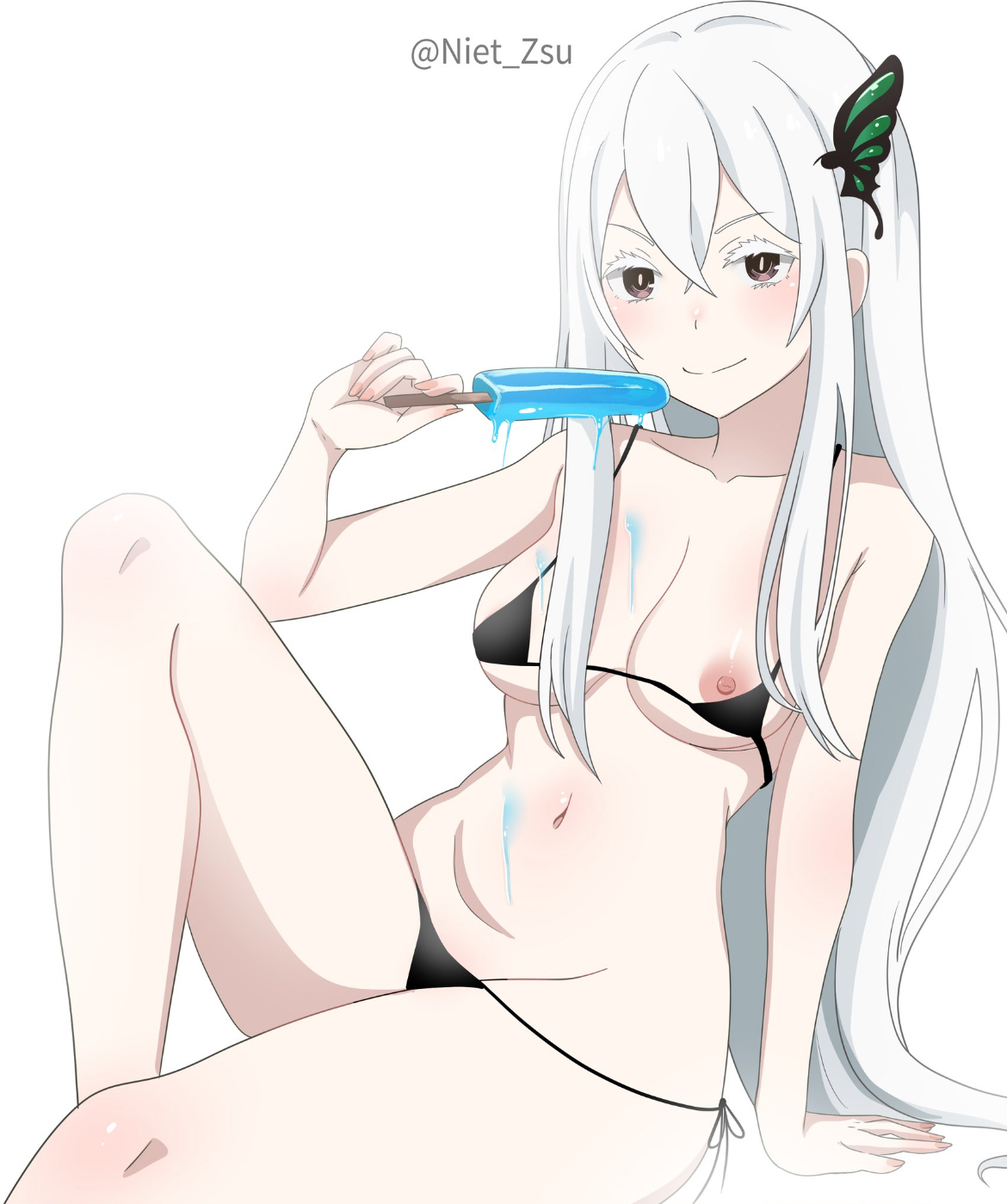 areola slip, bellt, bikini bottom, bikini bottom aside, bikini top undone, blush, cute, cute face, echidna (re:zero), female, female focus, female only, female torso, long hair, looking at viewer, niet zsu, nipple slip, pale-skinned female, petite, petite female, pink areola, pink nipples, popsicle, popsicle melting, purple eyes, re:zero kara hajimeru isekai seikatsu, sexy, sexy body, slender, slender body, small breasts, solo, solo female, solo focus, tiny breasts, tummy, white hair