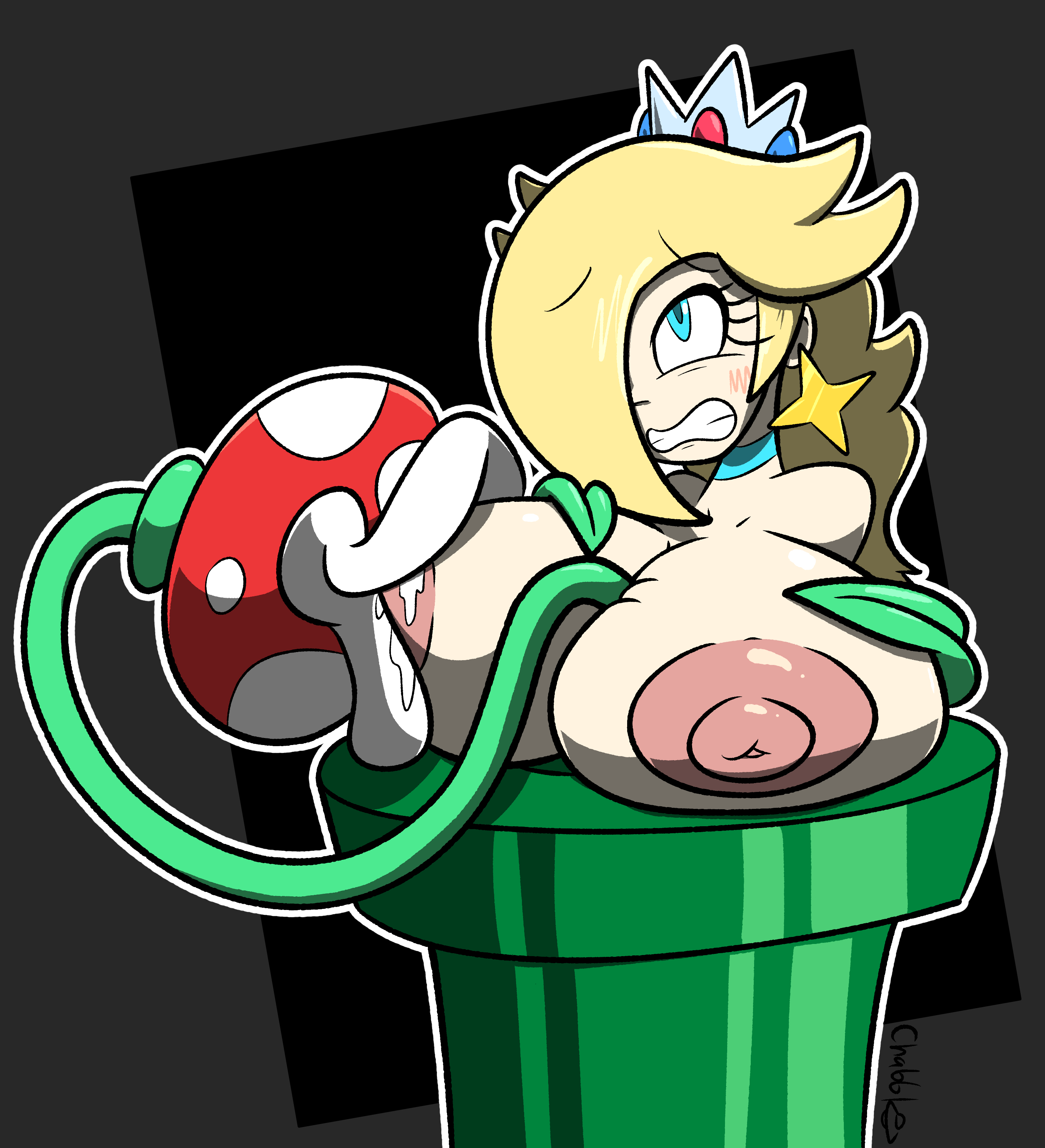 big breasts, blush, breast feeding, breast sucking, breasts, chabble, erect nipples, huge breasts, lactating, lactation, large breasts, leaf, leaf arms, mario (series), meetup in bellabel park, nintendo, part of a set, piranha plant, plant, princess rosalina, stuck, sucking, sucking nipples, super mario bros. wonder, super mario bros. wonder + meetup in bellabel park, super mario galaxy, tagme, warp pipe