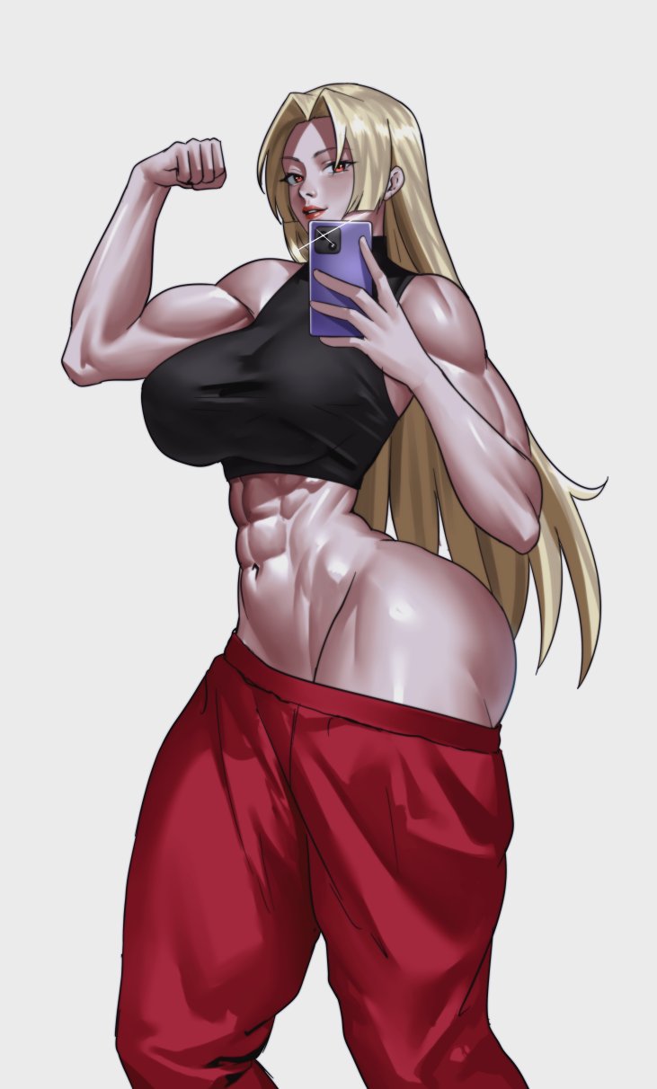 1girl, 1girls, abs, bare arms, belly button, big ass, big breasts, blonde hair, blonde-haired female, breasts, buff, cellphone, crop top, female, female only, flexing, grey background, jujutsu kaisen, large breasts, long hair, looking at viewer, midriff, muscle, muscular female, navel, no panties, pants, phone, pose, red eyes, selfie, smartphone, solo, solo female, tagme, thick thighs, turtleneck, white background, yuki tsukumo, zinfian