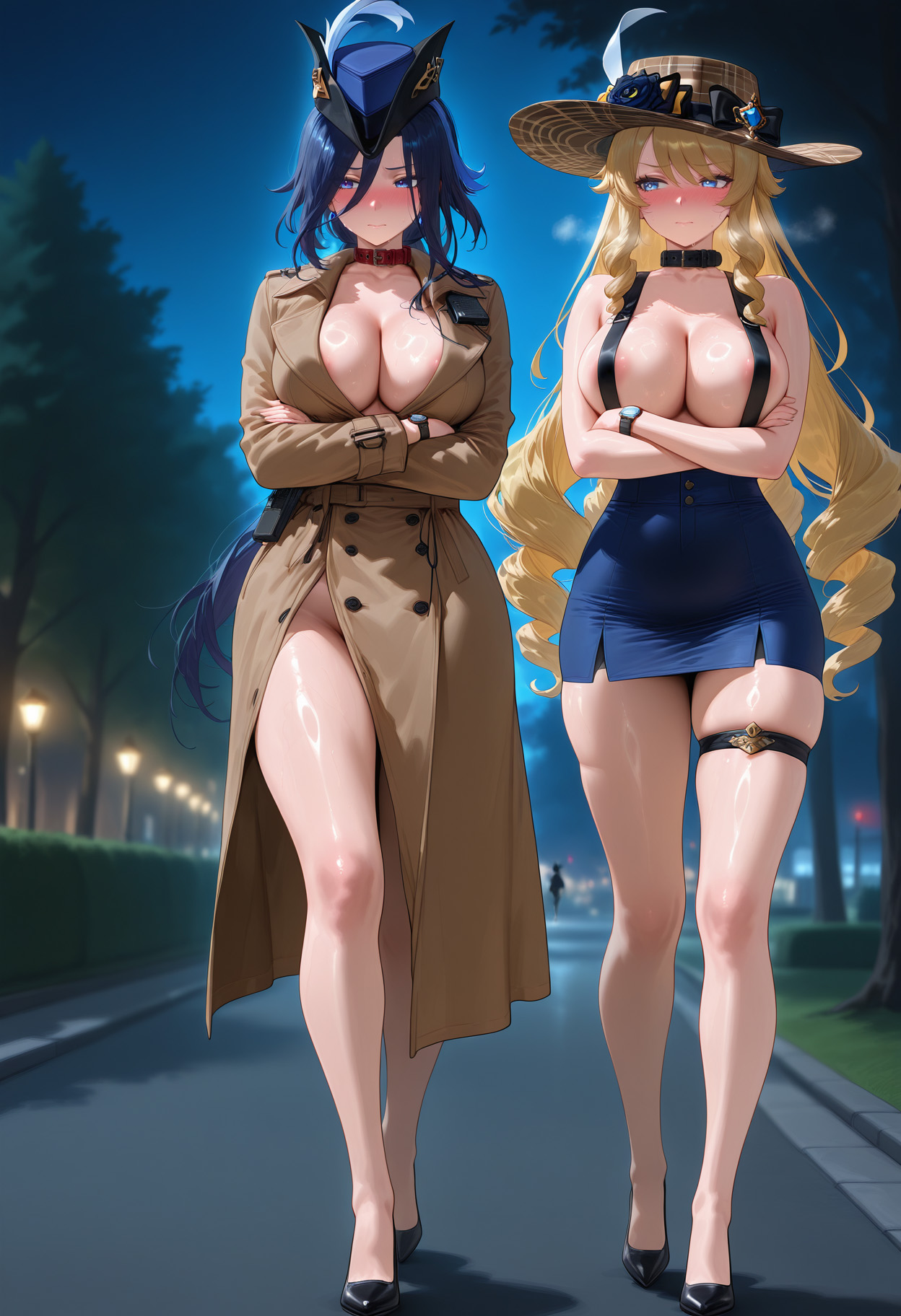 2girls, ai generated, allenby, alternate breast size, alternate costume, areola slip, arms under breasts, bangs, bare legs, bare shoulders, big breasts, black footwear, black headwear, blonde hair, blue eyes, blue hair, blue headwear, blue skirt, blue sky, blush, breasts, brown coat, buttons, choker, cleavage, clorinde (genshin impact), closed mouth, clothing, coat, collar, collarbone, crossed arms, curvaceous, curvaceous female, curvaceous figure, curvy, curvy figure, dark blue hair, dress, drill hair, drill sidelocks, duo, exhibitionism, female, female focus, female only, female pervert, footwear, full body, genshin impact, hair between eyes, hat, hat feather, headwear, high heels, high-waist skirt, jewelry, lamppost, large breasts, legs, light-skinned female, long hair, long sleeves, looking at viewer, miniskirt, multiple girls, navia (genshin impact), night, night sky, no panties, outdoor nudity, outdoors, outside, pencil skirt, pervert, public indecency, purple eyes, red collar, road, shoes, sidelocks, skindentation, skirt, sky, standing, thigh strap, thighs, tree, trench coat, tricorne, very long hair, vision (genshin impact), voluptuous, voluptuous female, walking, watch