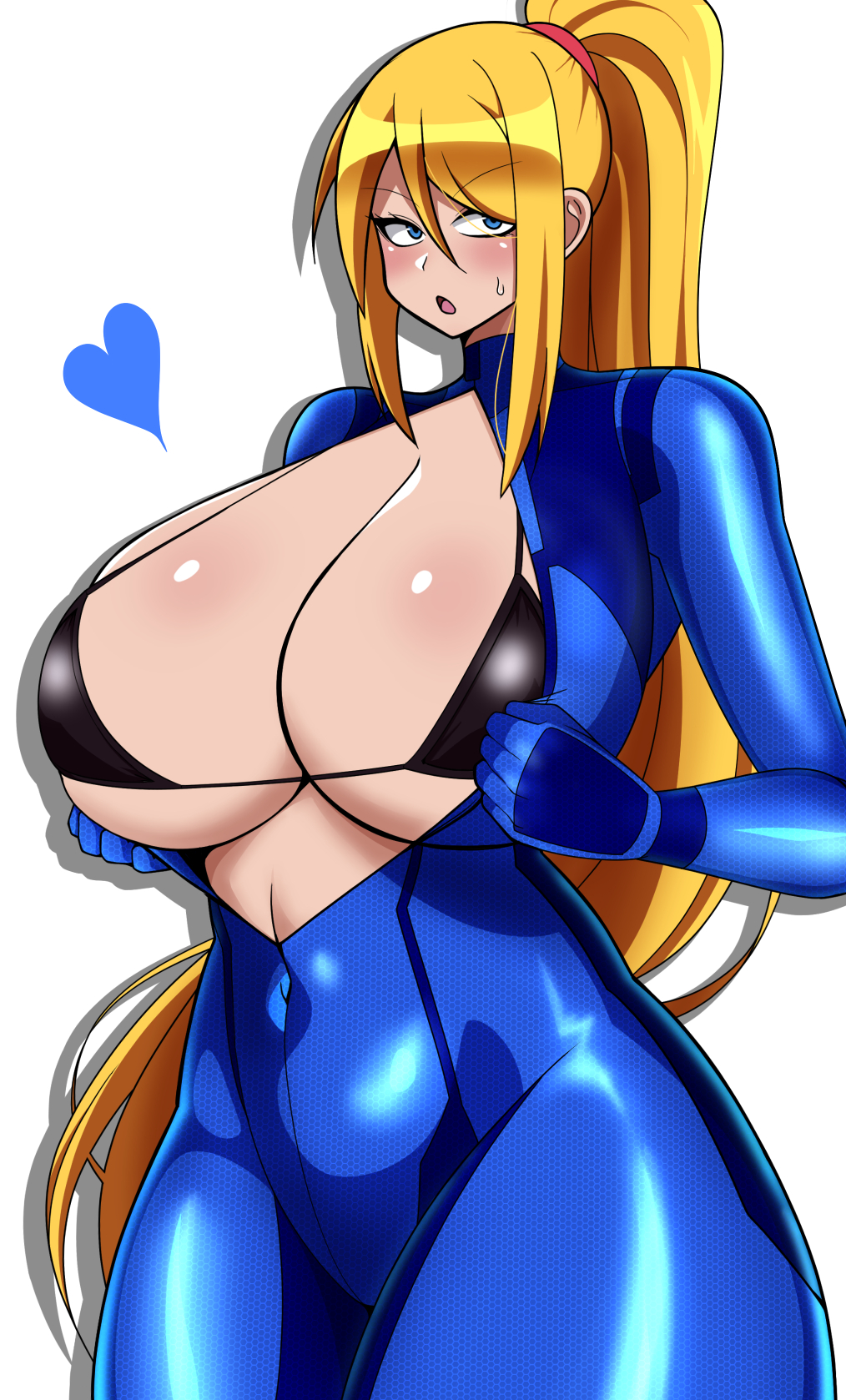 1girls, bikini, bikini top, black bikini, blonde hair, blue bodysuit, blue eyes, blush, bodysuit, breasts, covered navel, female, heart, high ponytail, huge breasts, iriomote umineko, long hair, metroid, nintendo, ponytail, samus aran, shiny, sidelocks, skin tight, solo, sweat, swimsuit, very long hair, white background, zero suit, zero suit samus