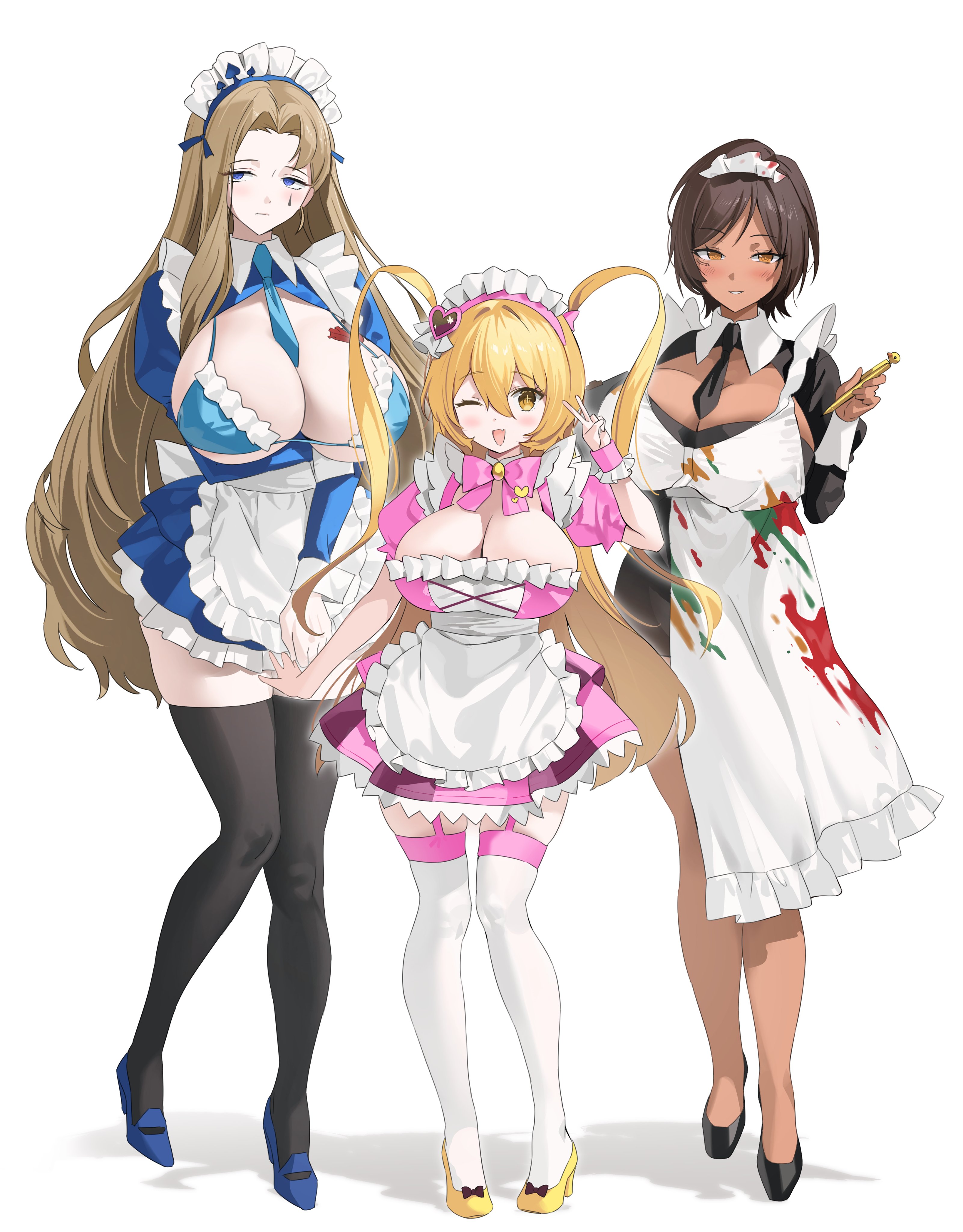 3girls, apron, bare legs, big breasts, bikini top, blonde hair, blue eyes, breasts, brown eyes, brown hair, chest tattoo, cleavage, closed mouth, dark skin, dark-skinned female, don quixote (limbus company), facial tattoo, female, female only, frown, full body, garter straps, gogoco, height difference, high heels, huge breasts, large breasts, legwear, light skin, light-skinned female, limbus company, long hair, maid, maid apron, maid headdress, maid uniform, open mouth, outis (limbus company), project moon, rodion (limbus company), short hair, smile, stained apron, thighhighs, tie, tied hair, white background, wink, yellow eyes
