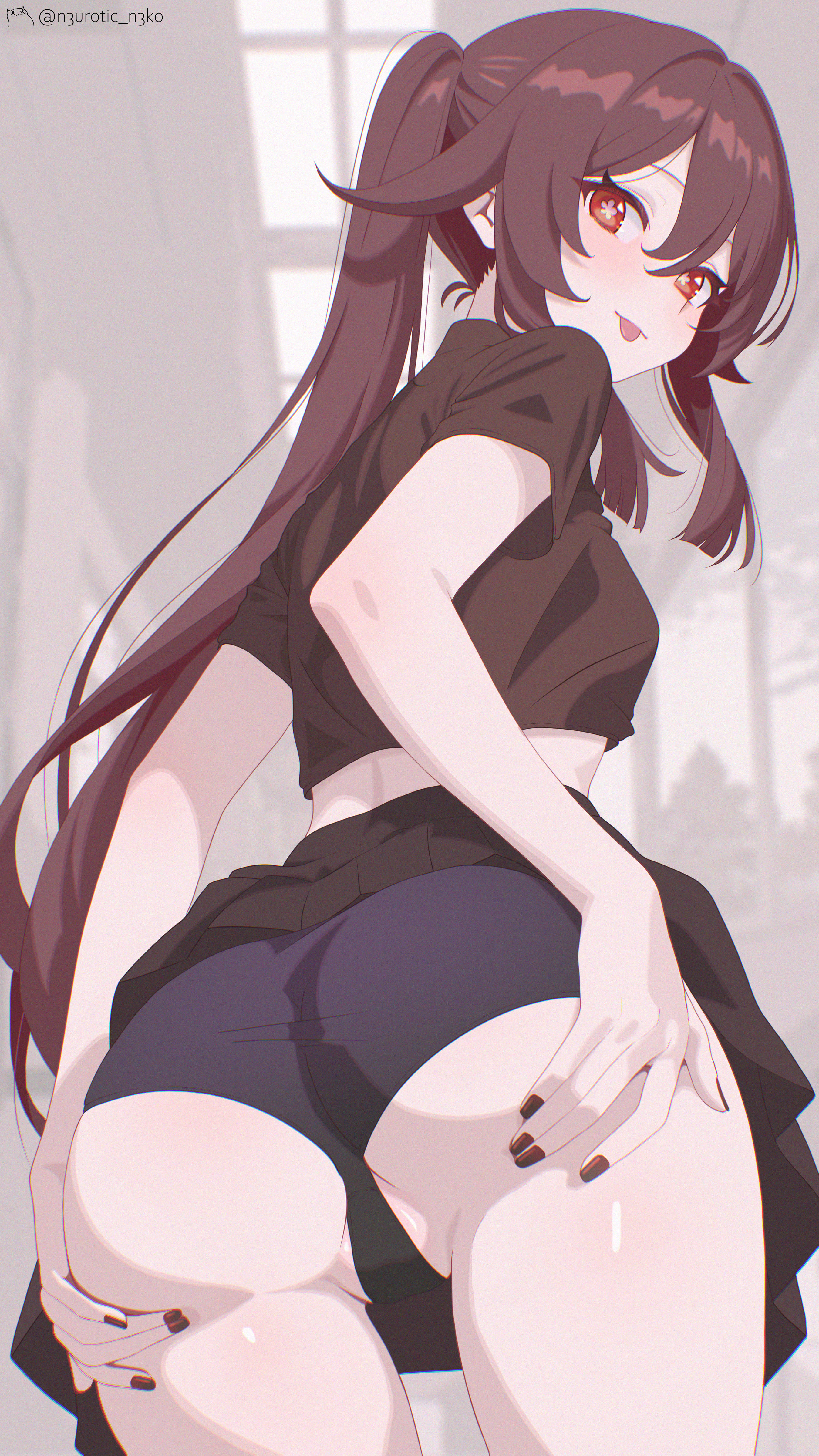 :p, 1girl, 1girls, ass, black nails, black panties, blush, brown hair, crop top, female, flower-shaped pupils, from behind, genshin impact, hu tao (genshin impact), long hair, looking at viewer, looking back, nail polish, neurotic neko, panties, partially visible vulva, red eyes, shirt, shorts, skirt, solo, symbol-shaped pupils, thighs, tongue, tongue out, twintails, underwear