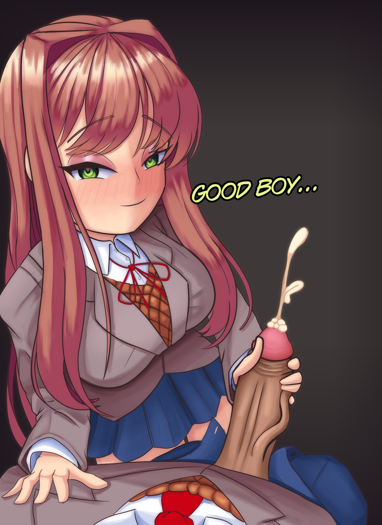 1boy, 1girls, anon, bedroom eyes, big breasts, blush, bodily fluids, breasts, brown hair, busty, clothed, clothed sex, clothing, cum, cumming, cumming from handjob, cumshot, doki doki literature club, ejaculation, english text, eye contact, faceless male, female, female focus, genital fluids, genitals, good boy, good boy (phrase), green eyes, hair intakes, half-closed eyes, hand on penis, handjob, heart, heart-shaped pupils, hetero, large breasts, light skin, light-skinned female, light-skinned male, long hair, looking at viewer, male, male pov, monika (doki doki literature club), moritaris, narrowed eyes, orgasm, outercourse, penis, penis out, pleated skirt, pov, pov eye contact, school uniform, seductive, seductive look, sex, skirt, smile, smiling at viewer, straight, symbol, symbol-shaped pupils, talking, talking to viewer, tekoki, text, unbuttoned, unbuttoned pants, uncensored, uniform, unseen male face, unzipped, unzipped pants, you