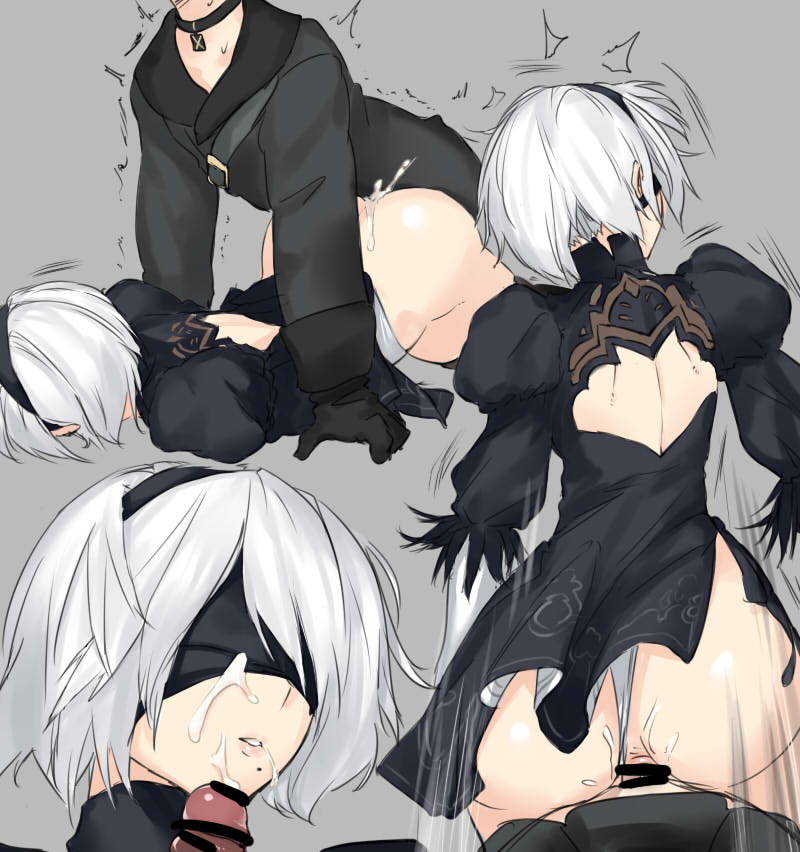 1boy, 1girls, anal, anal sex, android, ass, blindfold, censored, cleavage cutout, cum, cum in pussy, cum on face, cumdrip, doggy style, dress, facial, female, gloves, goddess, leotard, leotard aside, male, multiple views, nakadashi, negresco, nier, nier: automata, panties, pussy, sex, short hair, skirt, straight, thighhighs, underwear, white hair, yorha 2b, yorha 9s