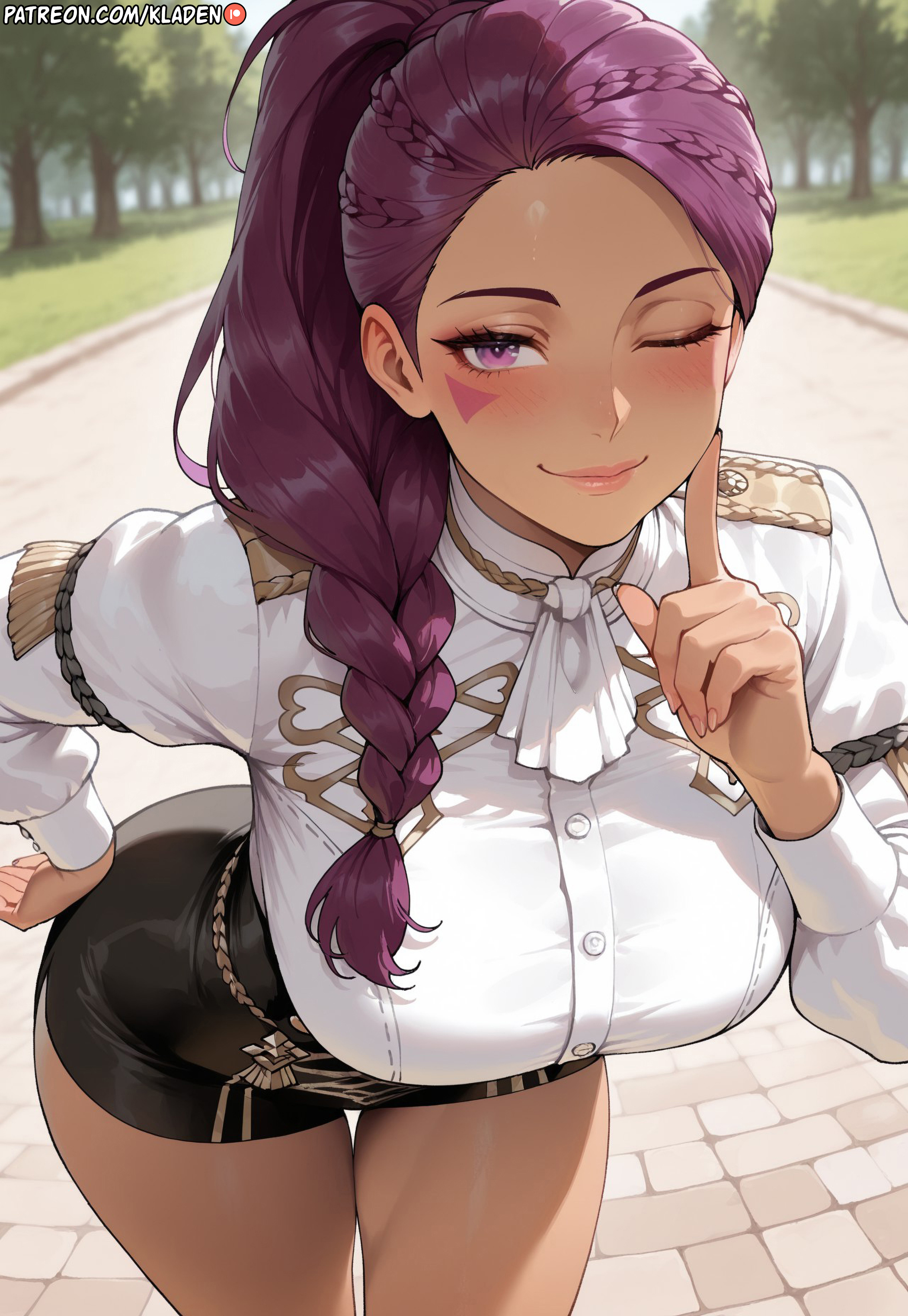 1girls, ai generated, ass, ass bigger than head, big ass, big breasts, big butt, big hips, big thighs, bimbo, bimbo body, blush, braid, braided hair, braided ponytail, breast focus, breasts, breasts bigger than head, breasts out, busty, child bearing hips, closed mouth, clothing, curvaceous, curvy body, curvy female, curvy figure, curvy hips, dark skin, dark-skinned female, eyelashes, facial mark, female, female only, fire emblem, fire emblem: three houses, fit, fit female, from above, front view, full body, garreg mach monastery uniform, gesture, giant breasts, high-angle view, hips, horny, hourglass figure, huge breasts, huge thighs, inviting, large ass, large breasts, large butt, large thighs, leaning forward, lipstick, long hair, looking at viewer, mature female, milf, mommy, no sex, one eye closed, outdoors, pale-skinned female, parted lips, petra macneary, ponytail, presenting, presenting breasts, puffy lips, purple eyes, purple hair, seductive, seductive eyes, seductive look, seductive pose, seductive smile, shiny skin, skimpy, skimpy clothes, skin tight, skindentation, solo, solo female, solo focus, standing, steam, steamy breath, tanned, tanned female, tanned skin, thick, thick ass, thick hips, thick thighs, tight fit, uniform, voluptuous, voluptuous female, voluptuous teenager, wide ass, wide hips, wide thighs, wife, wink, winking at viewer