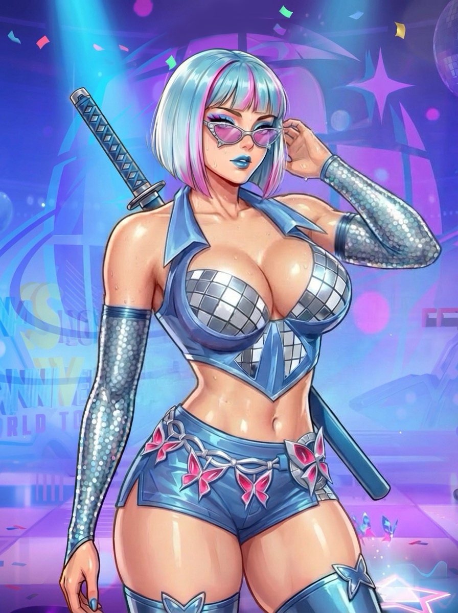 1girls, ai assisted, bob cut, drawingthings12, female, female only, lipstick, makeup, marvel, marvel rivals, nail polish, painted fingernails, painted nails, psylocke, psylocke (marvel rivals), psylocke (psychedelic pulse), revealing clothes, short shorts, shorts, solo, sunglasses, thighhighs, tight clothing, tinted eyewear