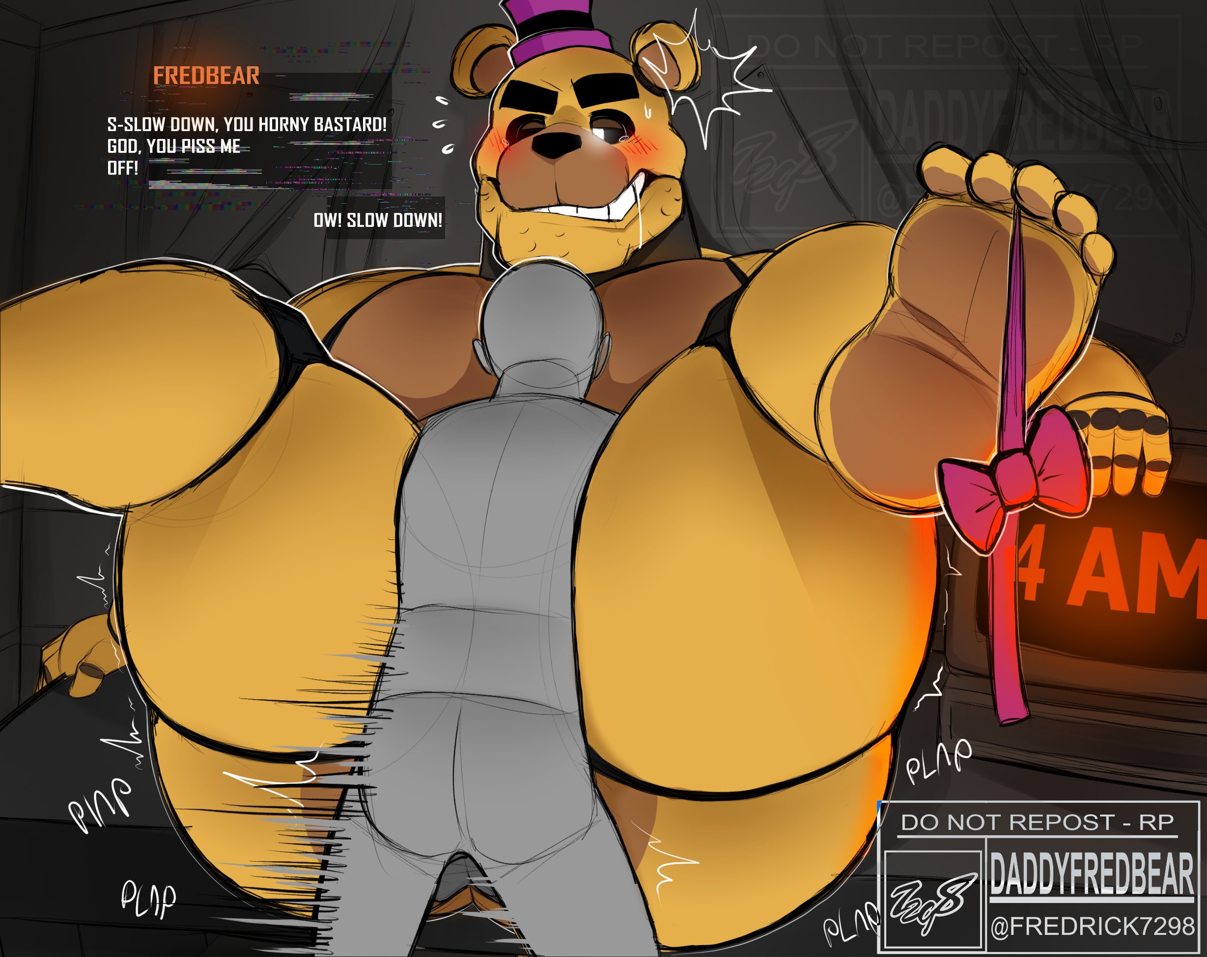 2boys, anal sex, animatronic, bear, big butt, big sub, blush, dialogue, english text, five nights at freddy's, fnaf, fredbear (fnaf), fredrick7298, gay, human, legs up, looking down, male, male only, male/male, night guard (fnaf), penetration, robot, scottgames, sex, size difference, small dom big sub, smaller male, spread legs, text
