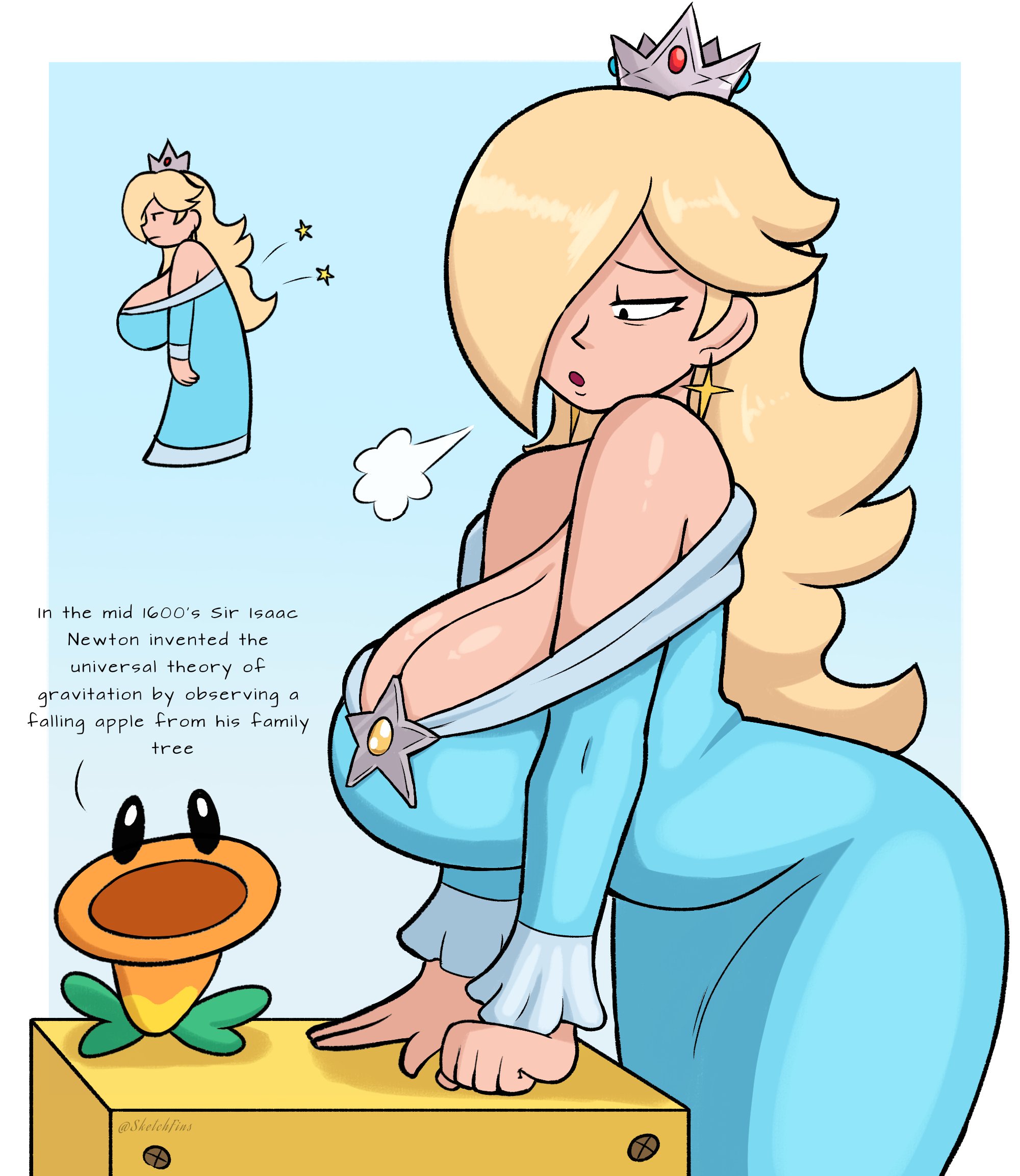 1girls, aqua dress, arched back, back pain, bare shoulders, big breasts, blonde hair, blue eyes, breasts, brooch, cleavage, crown, dress, earrings, female, hair over one eye, half-closed eyes, huge breasts, inconvenient breasts, jewelry, leaning forward, long hair, long sleeves, mario (series), meetup in bellabel park, nintendo, off shoulder, off-shoulder dress, princess rosalina, puff of air, rosalina, sketchfins, star (symbol), star brooch, star earrings, super mario bros. wonder, super mario bros. wonder + meetup in bellabel park, super mario galaxy, talking flower (mario)