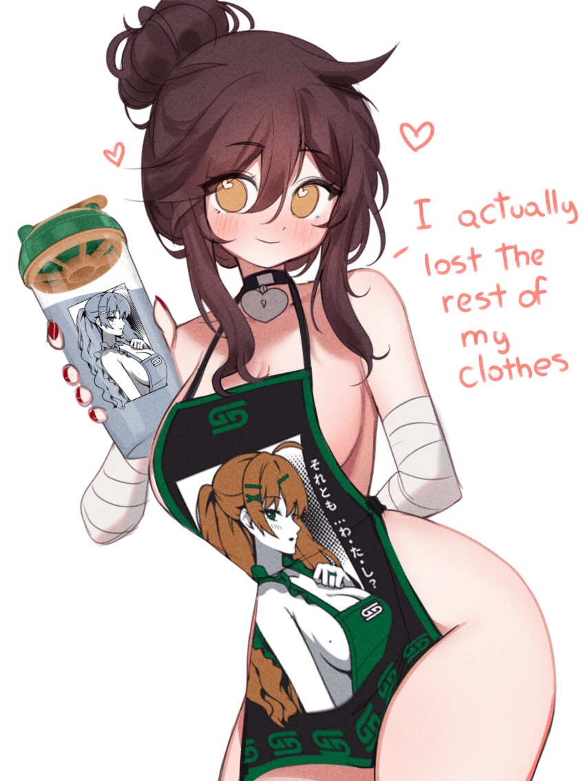 1girls, apron, apron only, arm behind back, blush, breasts, brown hair, cleavage, collar, cup, female focus, female only, gamer supps, heart, holding object, large breasts, naked apron, painted fingernails, painted nails, simple background, sky (skyaboveme), skyaboveme, smiling, solo, solo female, tied hair, virtual youtuber, white background