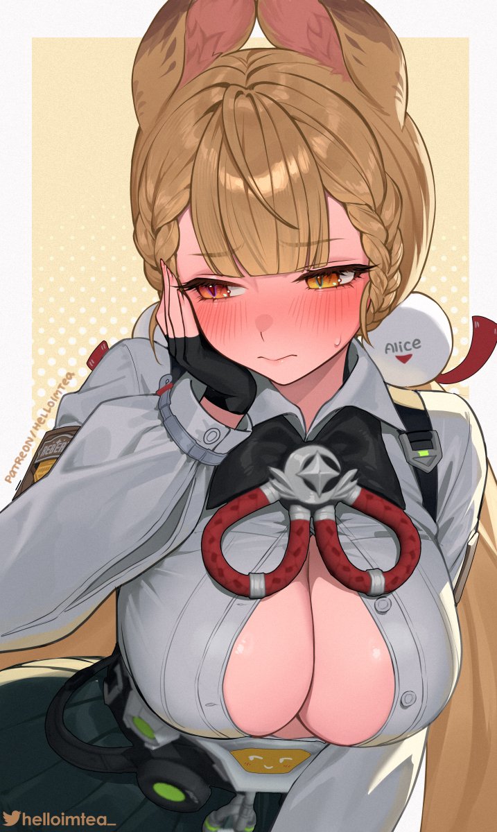 1girls, alice thymefield, animal ears, black gloves, black skirt, blonde hair, blush, braid, braided bangs, breasts, cleavage, closed mouth, commentary, double-parted bangs, female, fingerless gloves, fingernails, gloves, hair ornament, hand on own face, helloimtea, heterochromia, highres, long hair, long sleeves, medium breasts, orange eyes, paid reward available, partially unbuttoned, rabbit ears, rabbit girl, shirt, skirt, solo, sphere hair ornament, twitter username, white shirt, yellow eyes, zenless zone zero