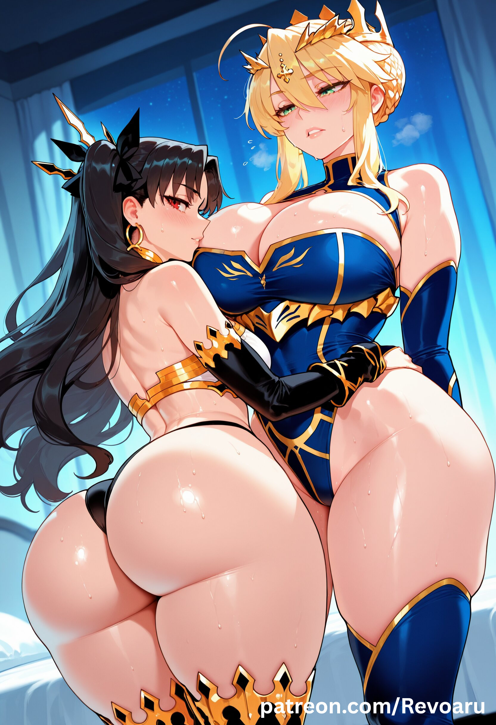 2girls, ai generated, artoria pendragon, artoria pendragon (lancer), ass, ass focus, big ass, big breasts, black hair, blonde hair, breasts, duo, duo focus, fate (series), fate/grand order, female, female only, huge ass, ishtar (fate), ishtar (fate/grand order), light-skinned female, mature, mature female, multiple girls, quality, revoaru, thick thighs, thighs