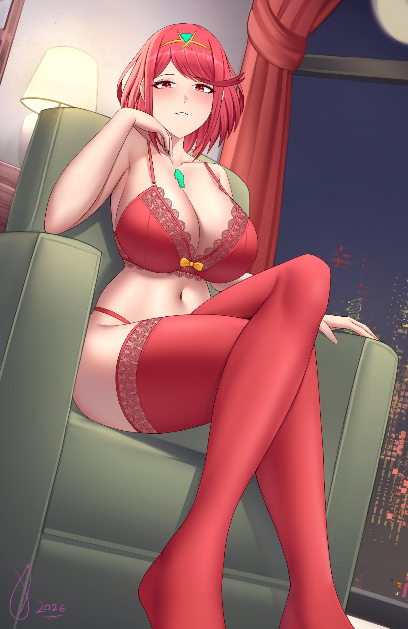 1girls, breasts, core crystal, exposed breasts, ghnauval117, lingerie, panties, pyra, red eyes, red hair, red lingerie, red thighhighs, short hair, sitting, sitting on bed, thighhighs, xenoblade (series), xenoblade chronicles 2