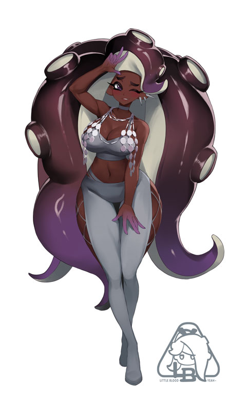 1girls, alternate costume, big breasts, blush, blush lines, blushing, breasts, cleavage, dark skin, dark-skinned female, female, female focus, female only, grand festival (splatfest), large breasts, little blood, looking at viewer, marina (grand festival), marina (splatoon), marina ida, mole, mole under mouth, nintendo, now or never earrings, official alternate costume, plain background, simple background, smile, smiling, smiling at viewer, solo, solo female, solo focus, splatfest, splatoon, splatoon (series), splatoon 2, splatoon 3, team present (splatfest), tentacle hair, thighs, white background, wide hips