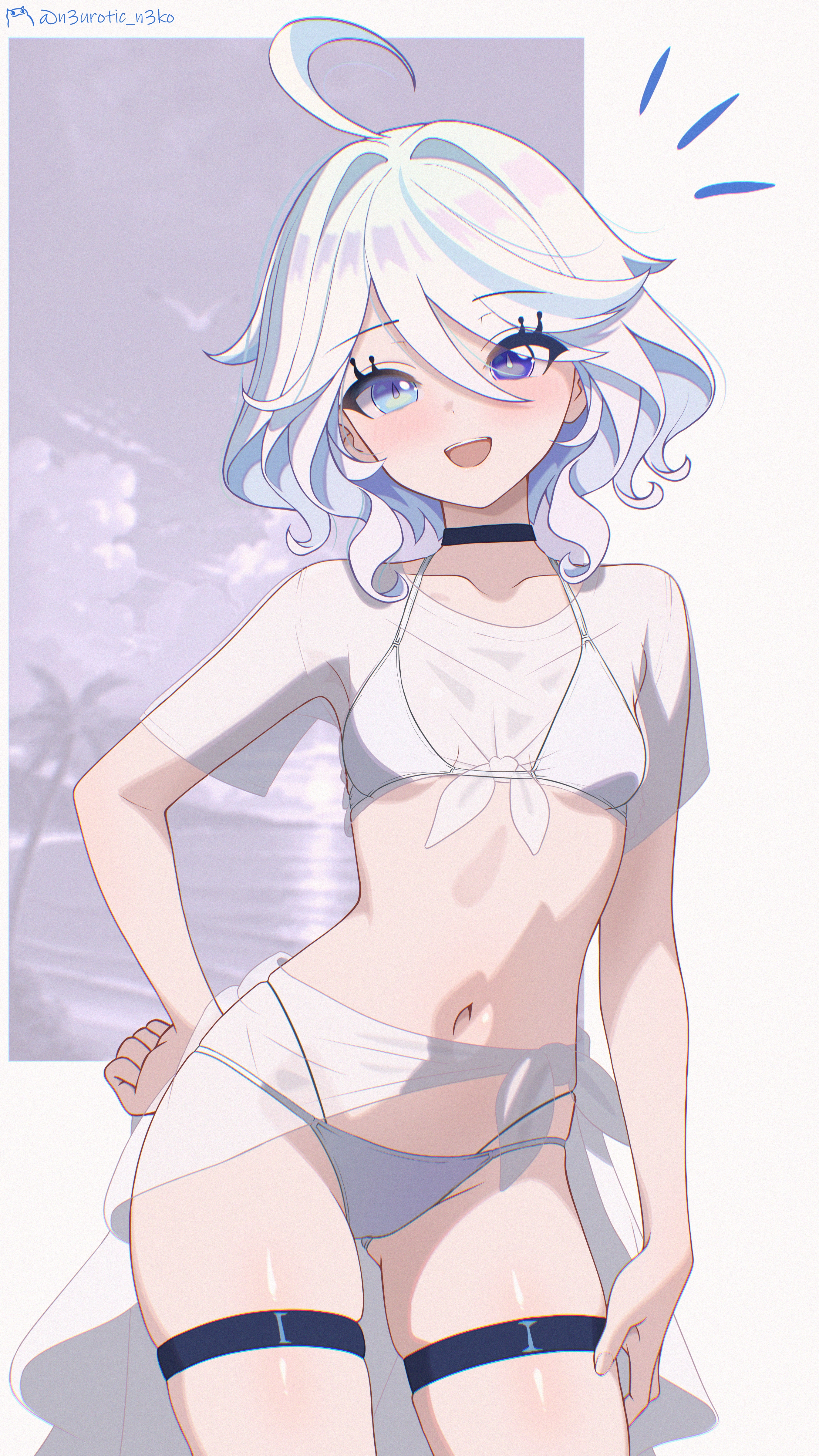 :d, 1girl, 1girls, ahoge, ass visible through thighs, bangs, bikini, black choker, blue eyes, blue hair, blush, breasts, choker, cowboy shot, female, front-tie top, furina (genshin impact), genshin impact, hair between eyes, hand on hip, looking at viewer, medium hair, navel, neurotic neko, open mouth, sarong, see-through, short hair, skindentation, small breasts, smile, solo, swimsuit, thigh strap, white bikini, white hair