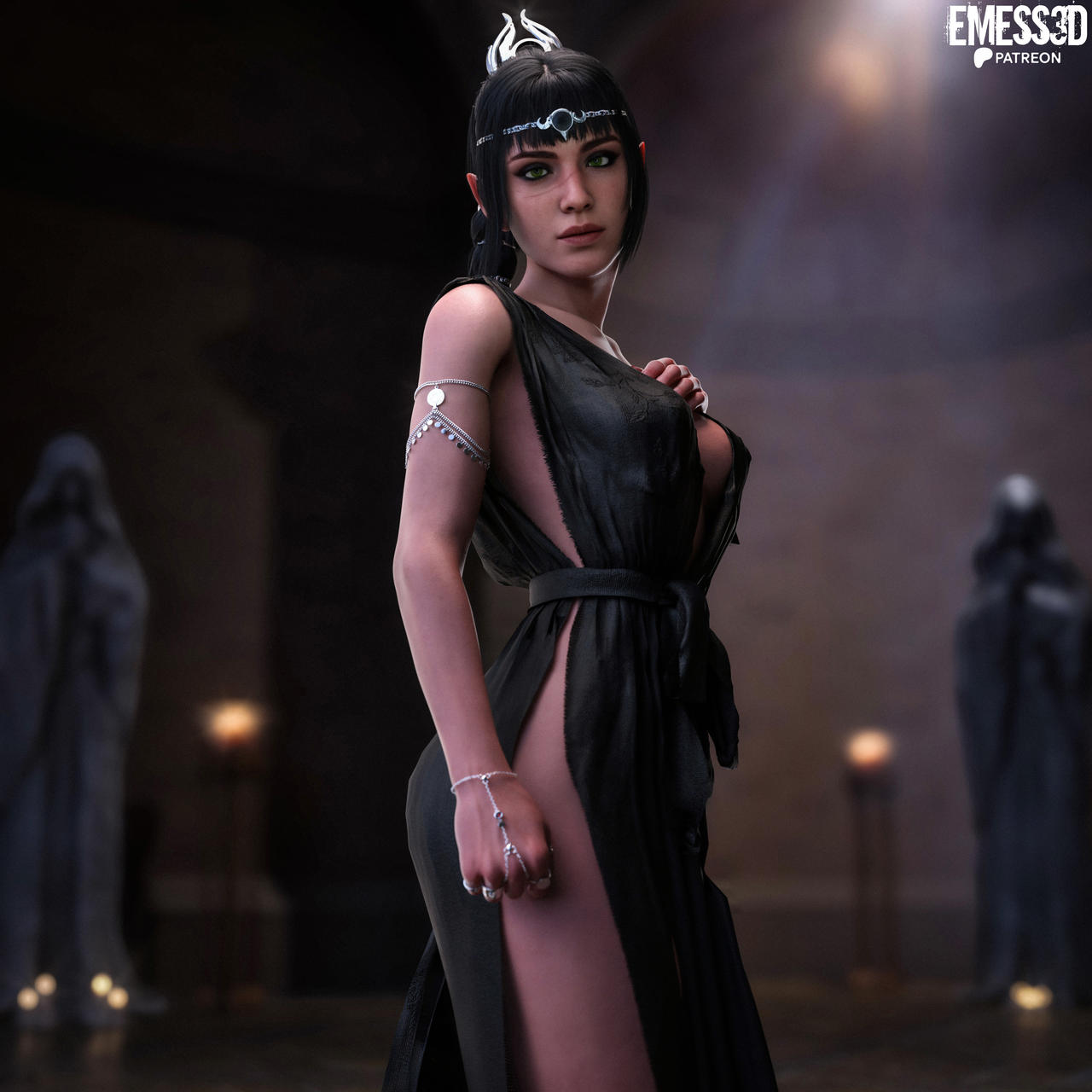 1girls, 3d, 3d (artwork), baldur's gate, baldur's gate 3, bangs, black hair, braid, dress, dungeons and dragons, elf, emess3d, female, green eyes, jewelry, long hair, looking at viewer, medium breasts, pointy ears, shadowheart, sideboob, solo, standing, wizards of the coast