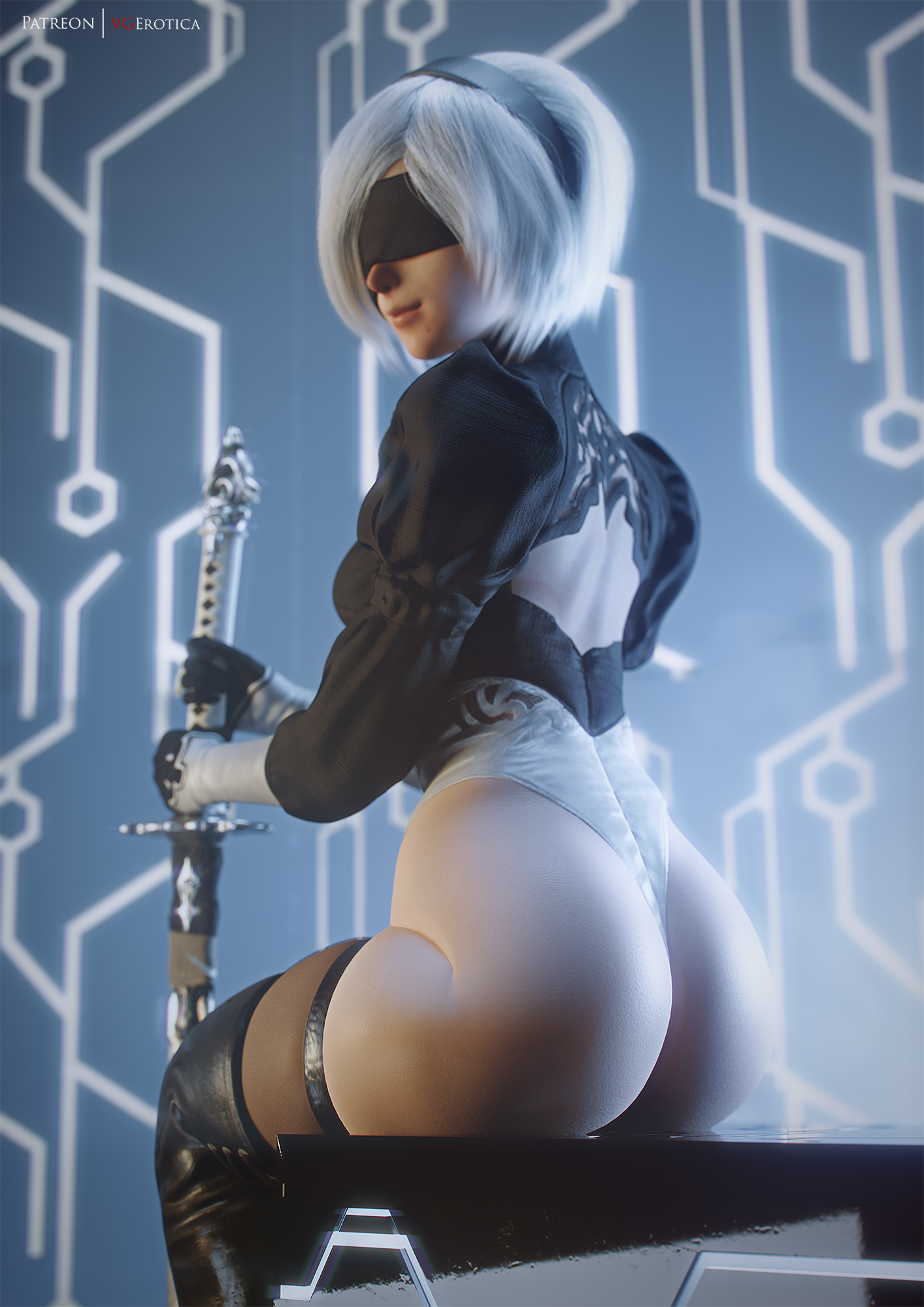 1girls, 3d, android, arm length gloves, ass, big ass, big butt, blindfold, child bearing hips, clothed, clothing, female, gloves, gynoid, hairband, headband, hi res, highres, katana, leotard, looking back, looking over shoulder, nier: automata, skindentation, smiling, square enix, sword, thick thighs, thighhighs, thighs, vgerotica, weapon, white hair, wide hips, yorha 2b