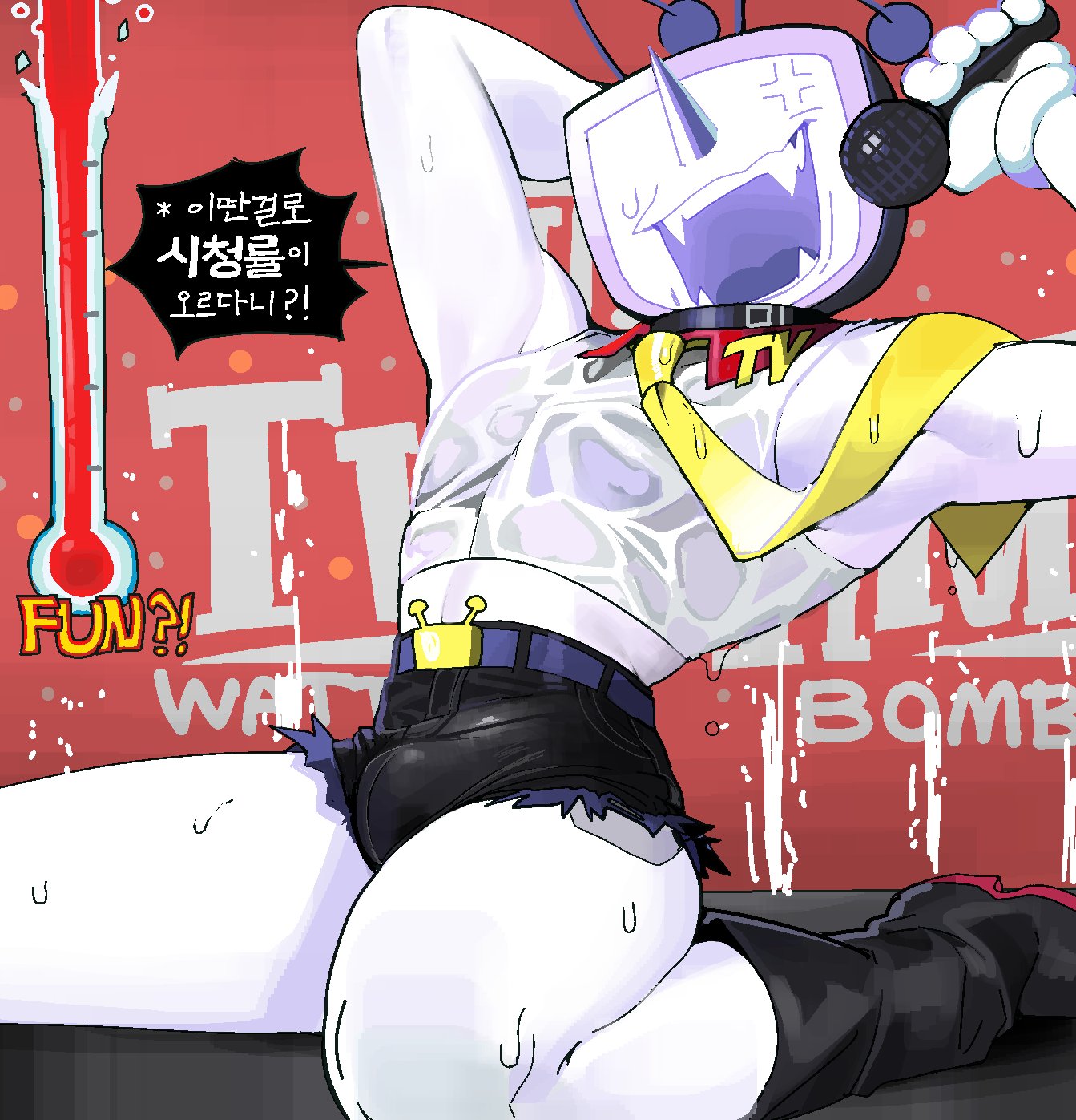 asd1565326, bulge, collar, deltarune, male, male focus, male only, microphone, tenna (deltarune), thighs, tie, tv head