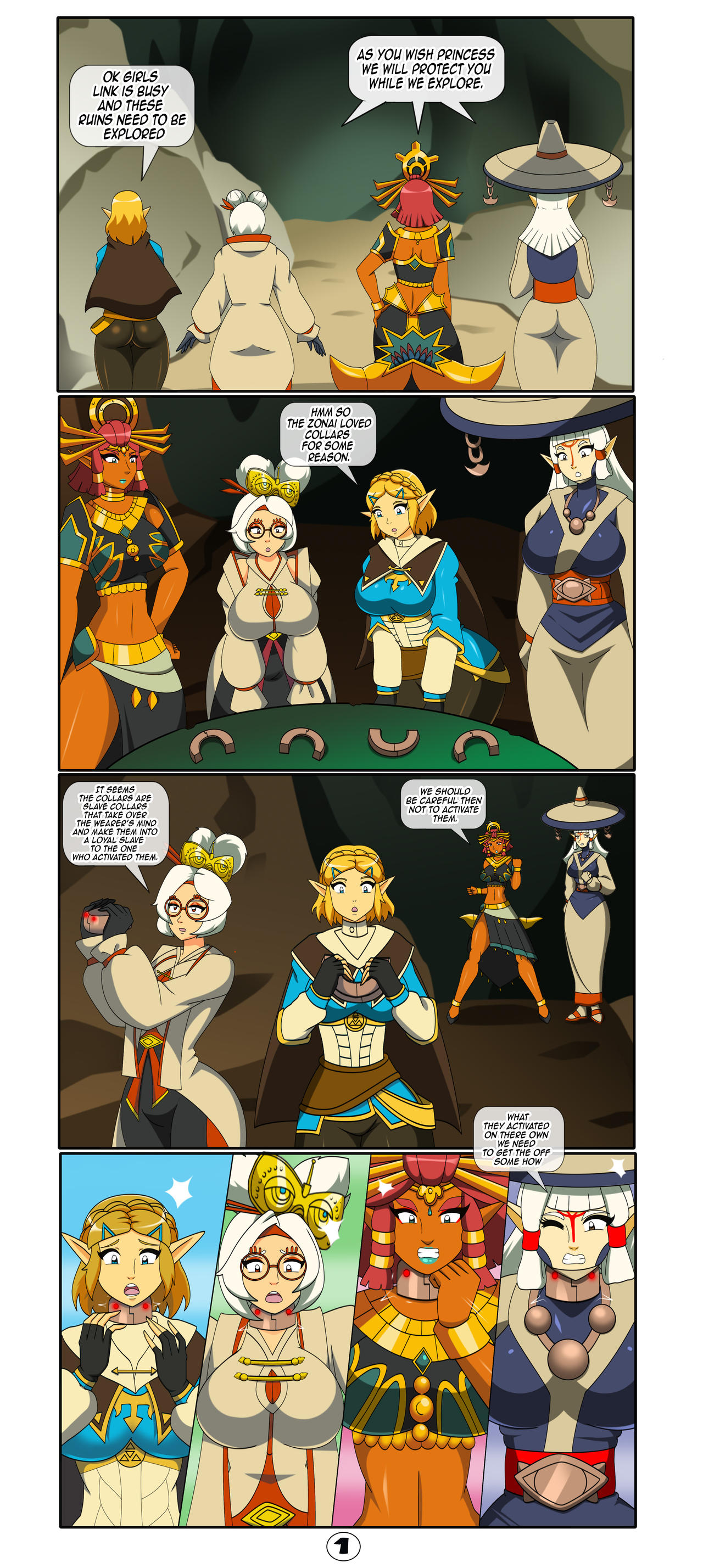 ass, big breasts, blonde hair, blue eyes, breasts, breasts bigger than head, comic, comic page, completely nude, complex background, dark skin, dark-skinned female, dlobo777, empty eyes, english text, evil smile, female, femsub, gerudo, glasses, green eyes, hair, hair ornament, huge ass, huge breasts, large breasts, lipstick, nintendo, nude, paya (the legend of zelda), ponytail, princess zelda, purah, purah (tears of the kingdom), pussy, red eyes, red hair, riju, silver hair, tears of the kingdom, tech control, the legend of zelda, tongue, transformation, wide hips, zelda (tears of the kingdom)