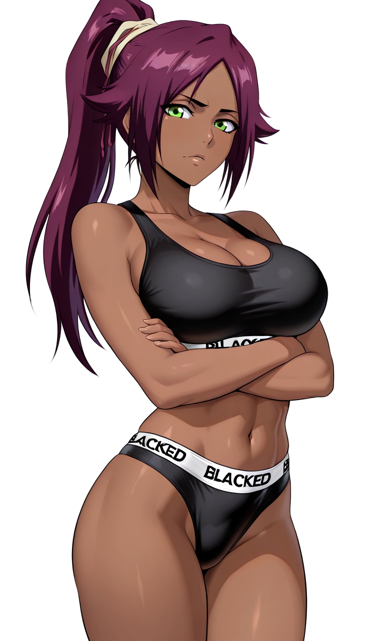 1girls, abs, ai generated, arms crossed, athletic, black underwear, blacked, bleach, branded underwear, dark skin, green eyes, large breasts, long hair, looking at viewer, panties, ponytail, purple hair, shihouin yoruichi, solo, sports bra, standing, text on clothing, thick thighs, thong, toned, underwear, waistband, white background