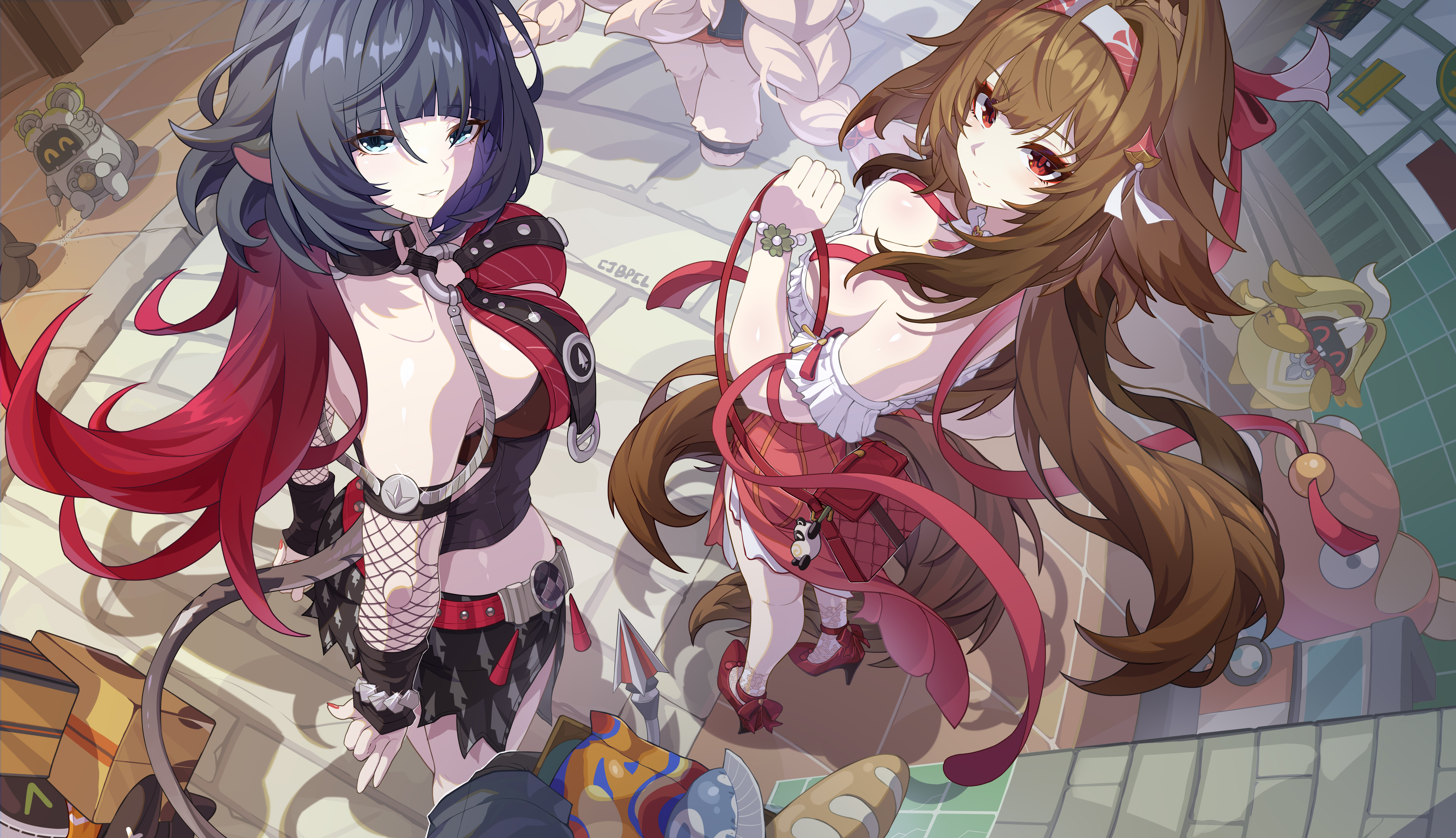 3girls, absurdres, animal ears, baguette, bangboo (zenless zone zero), black hair, black sarong, bread, breasts, brown hair, bupa chila, chinese commentary, cleavage, commentary request, dress, female, female only, fishnet sleeves, fishnets, food, fox girl, from above, green eyes, hairband, highres, jane doe (nocturne of light) (zenless zone zero), jane doe (zenless zone zero), large breasts, long braid, long hair, looking at viewer, mouse ears, mouse girl, mouse tail, multicolored hair, multiple girls, official alternate costume, one-piece swimsuit, red eyes, red hair, sarong, swimsuit, tail, two-tone hair, two-tone one-piece swimsuit, very long hair, white dress, white hair, white hairband, ye shunguang, ye shunguang (touch of dawnlight), zenless zone zero, zhao (zenless zone zero)