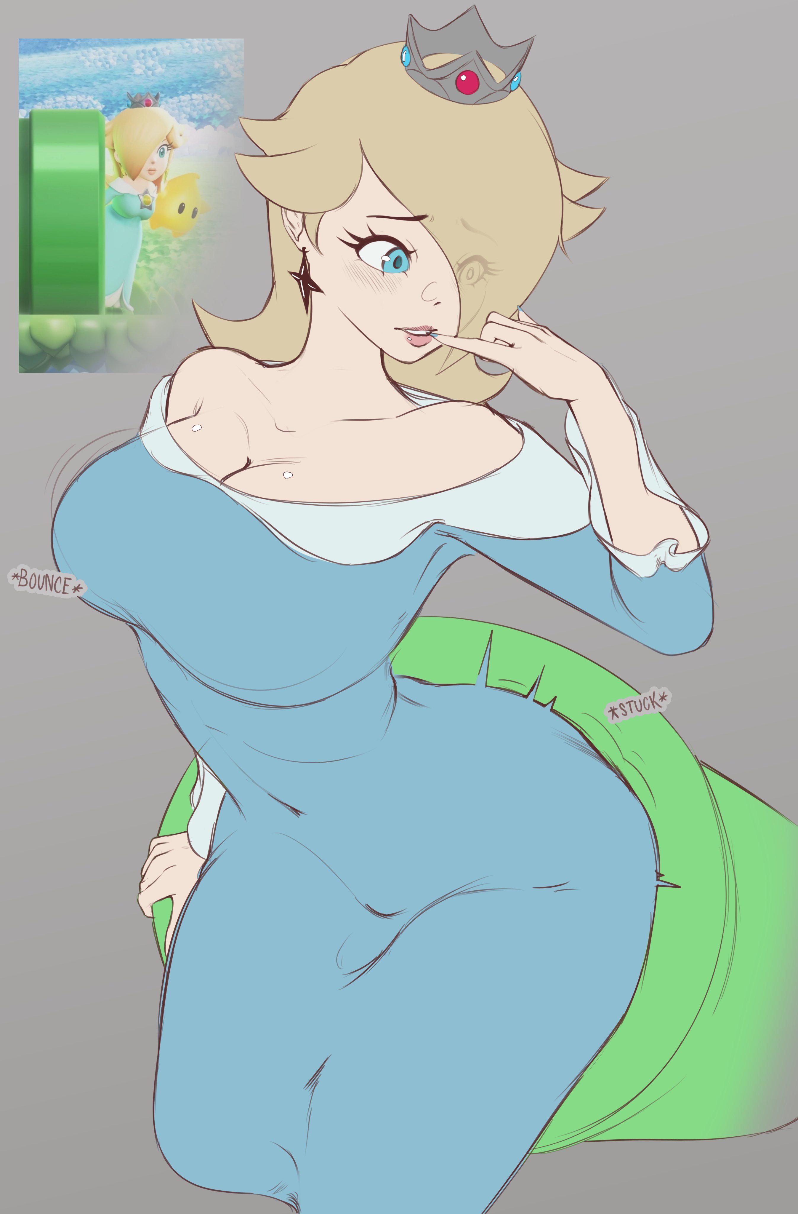 1girls, big breasts, blonde hair, blue nails, bouncing breasts, breasts, cleavage, covered navel, crown, dress, earrings, embarrassed, female, grey background, jewelry, large breasts, long hair, looking back, mario (series), meetup in bellabel park, nail polish, nintendo, pink lips, pinky out, princess rosalina, rosalina, roughjam, solo, stuck, stuck in pipe, stuck in warp pipe, super mario bros. wonder, super mario bros. wonder + meetup in bellabel park, super mario galaxy, thick thighs, thighs, warp pipe, wide hips