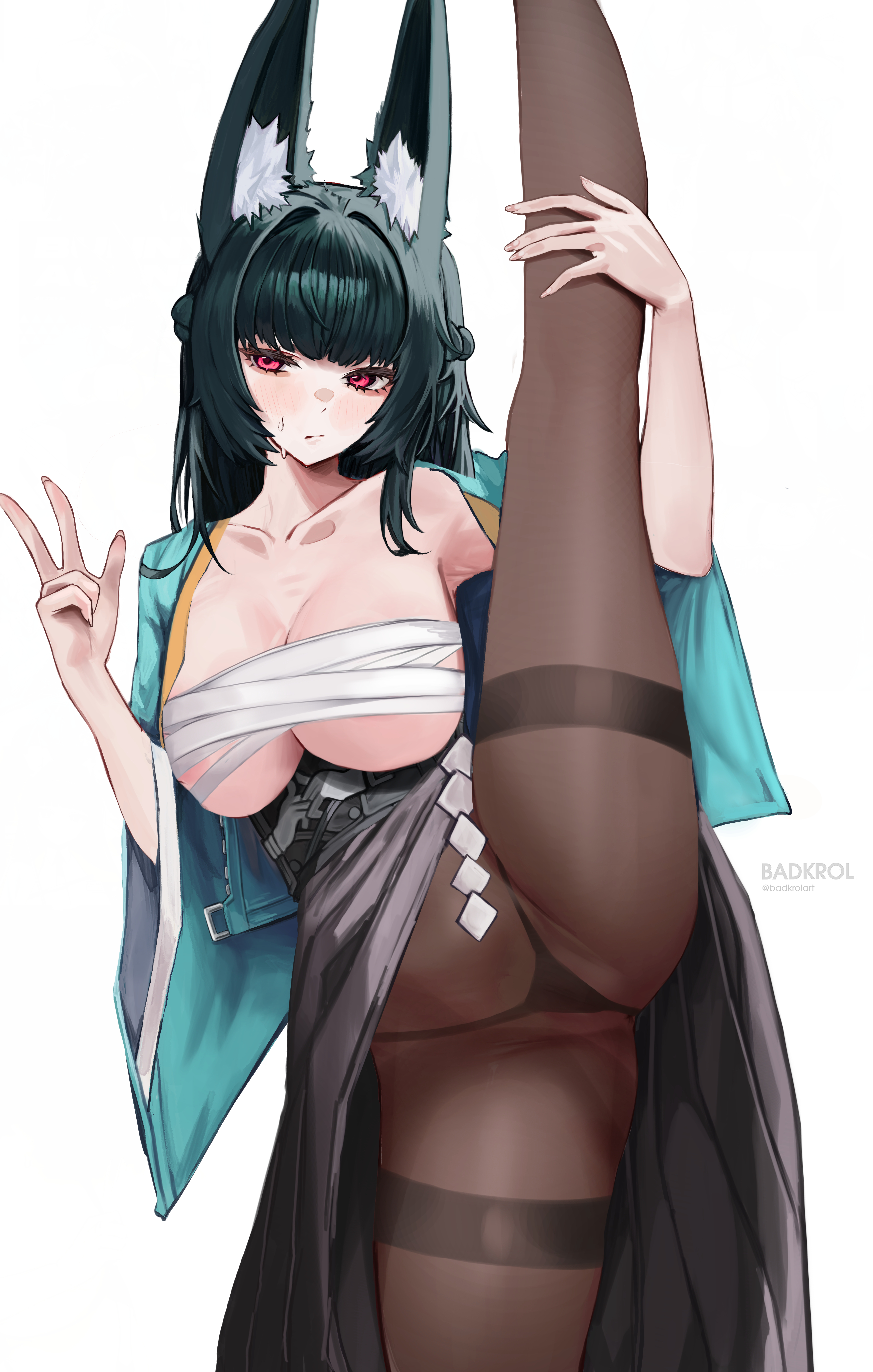 1girls, absurdres, animal ear fluff, animal ears, aqua jacket, areola slip, arm up, artist name, badkrol, bird, black hair, black panties, black skirt, blush, braid, breasts, brown pantyhose, budget sarashi, chest sarashi, chinese commentary, cleavage, closed mouth, clothes lift, collarbone, commentary, cowboy shot, english commentary, female, fingernails, fox ears, fox girl, half up braid, hand on own leg, hand up, high-waist skirt, highres, hoshimi miyabi, jacket, large breasts, leg up, long hair, long sleeves, looking at viewer, mixed-language commentary, open clothes, open jacket, panties, panties under pantyhose, pantyhose, red eyes, sarashi, simple background, single bare shoulder, single off shoulder, skirt, skirt lift, solo, split, standing, standing on one leg, standing split, string panties, sweat, thighband pantyhose, twitter username, underboob, underbust, underwear, w, white background, wide sleeves, zenless zone zero