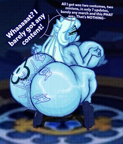 ass bigger than head, ass clapping, big ass, big breasts, big thighs, cookie run, cookie run kingdom, dialogue, doopie, femshadow milk cookie, huge ass, hyper, hyper ass, hyper breasts, lady in azure (shadow milk cookie), large breasts, long hair, massive ass, onomatopoeia, rule 63, shadow milf cookie, shadow milk cookie, tagme, tattoo, tattoo on butt, tease, teasing, teasing viewer, text, thick thighs, twerking, white hair